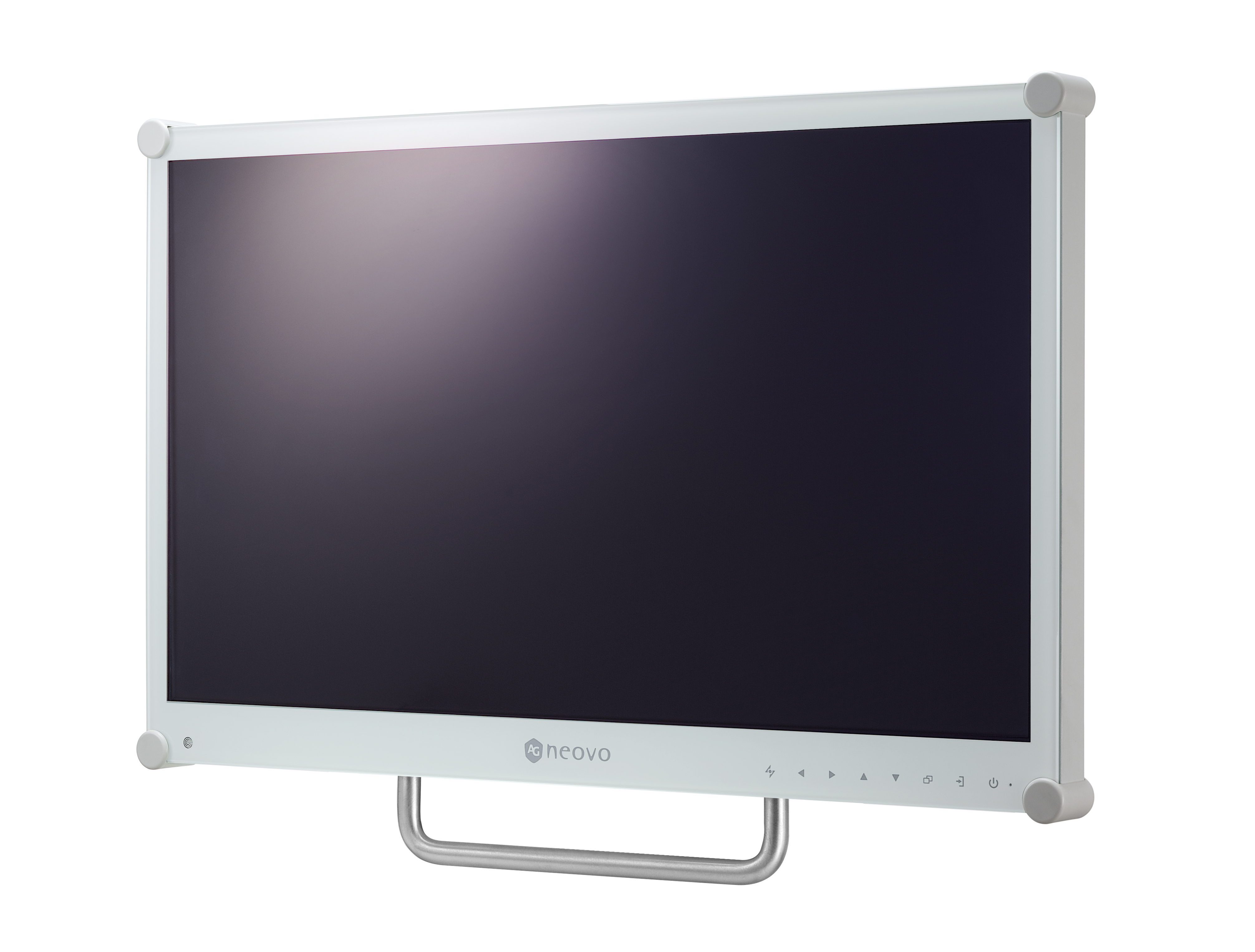 Weißer Monitor mit schwarzem Bildschirm. Der Monitor hat einen silbernen Standfuß.