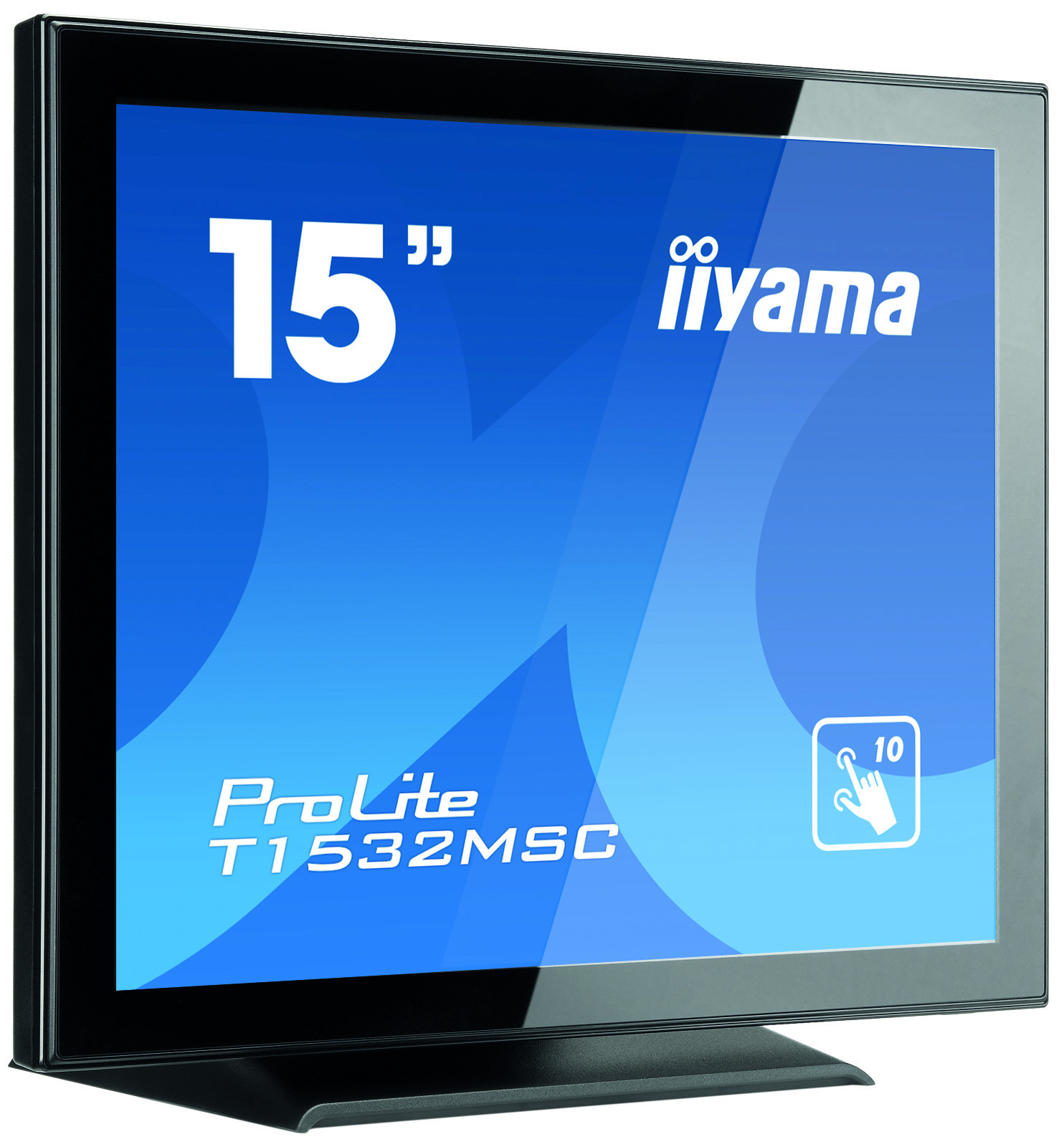 15 Zoll Iiyama ProLite T1532MSC Touchscreen-Monitor, blauer Hintergrund.