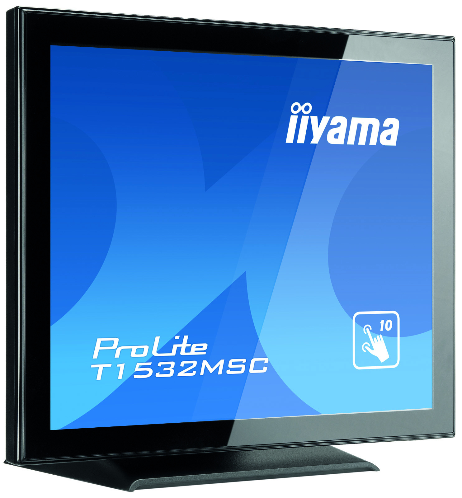 Iiyama ProLite Touchscreen-Monitor mit blauem Interface. Der Bildschirm steht auf einem schwarzen Ständer. Weißer Hintergrund.