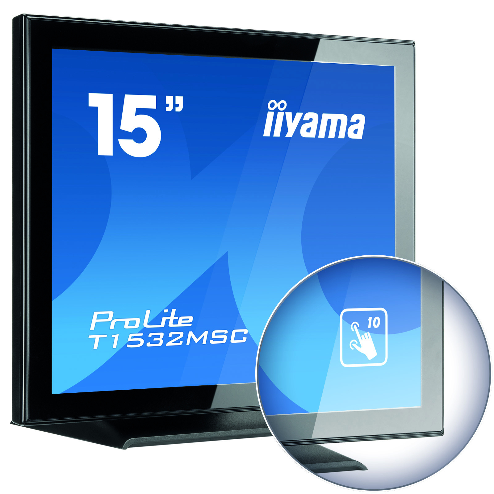 Nahaufnahme eines 15-Zoll iiyama ProLite-Monitors mit Touch-Symbol und schwarzem Rahmen.