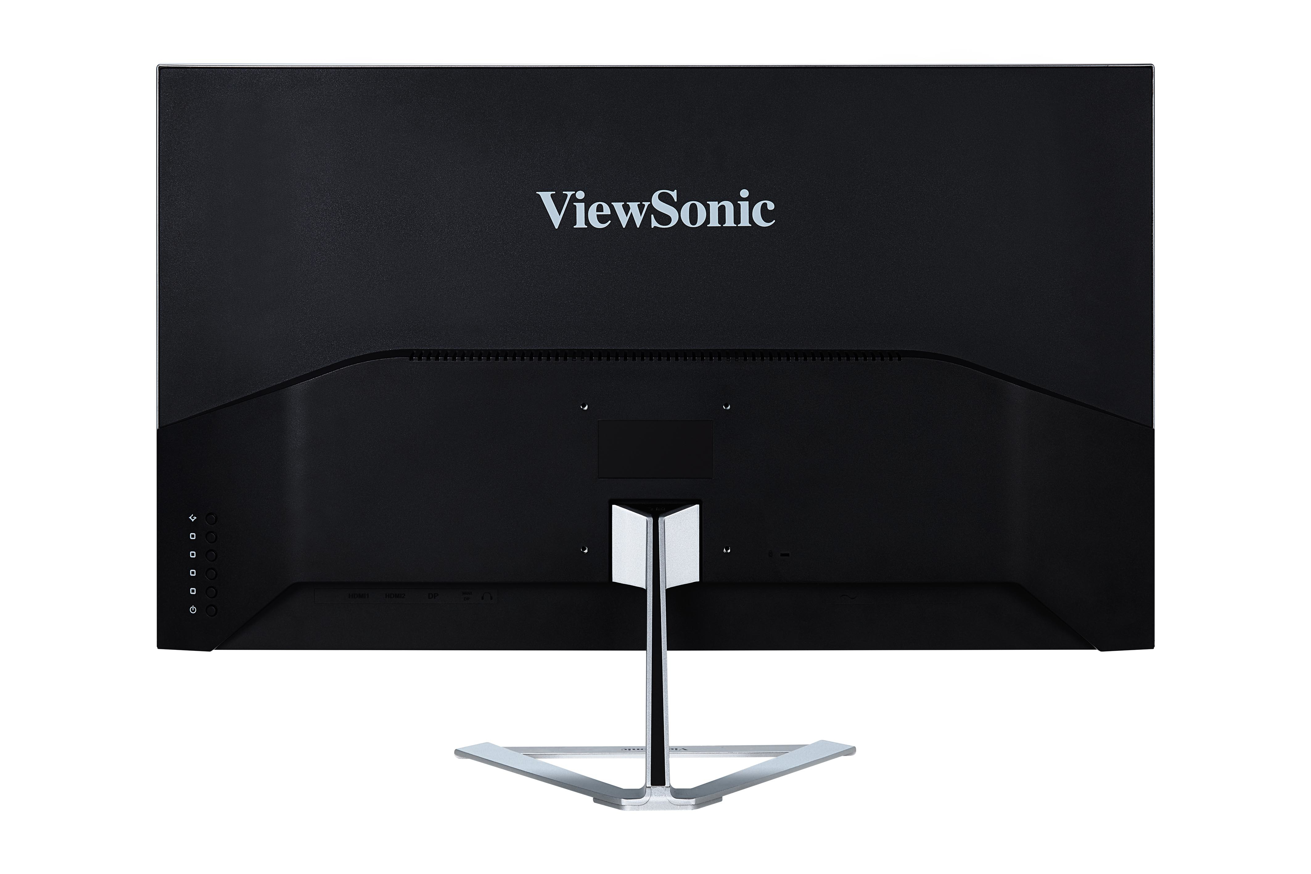 Rückseite eines schwarzen Computermonitors mit dem Markennamen ViewSonic auf weißem Hintergrund.