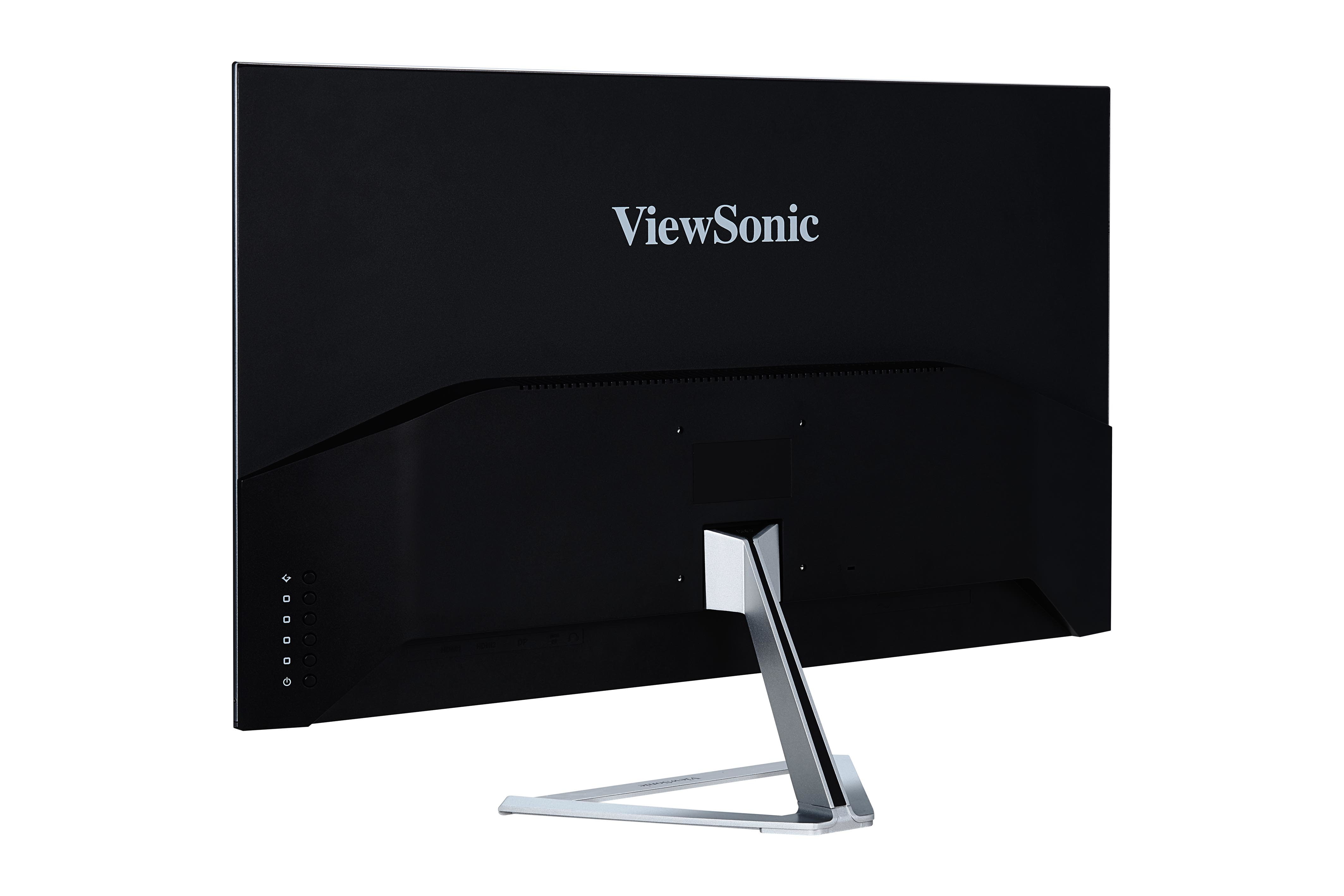 Rückansicht eines schwarzen ViewSonic-Monitors mit silbernem Ständer. Anschlüsse und Logo sichtbar.