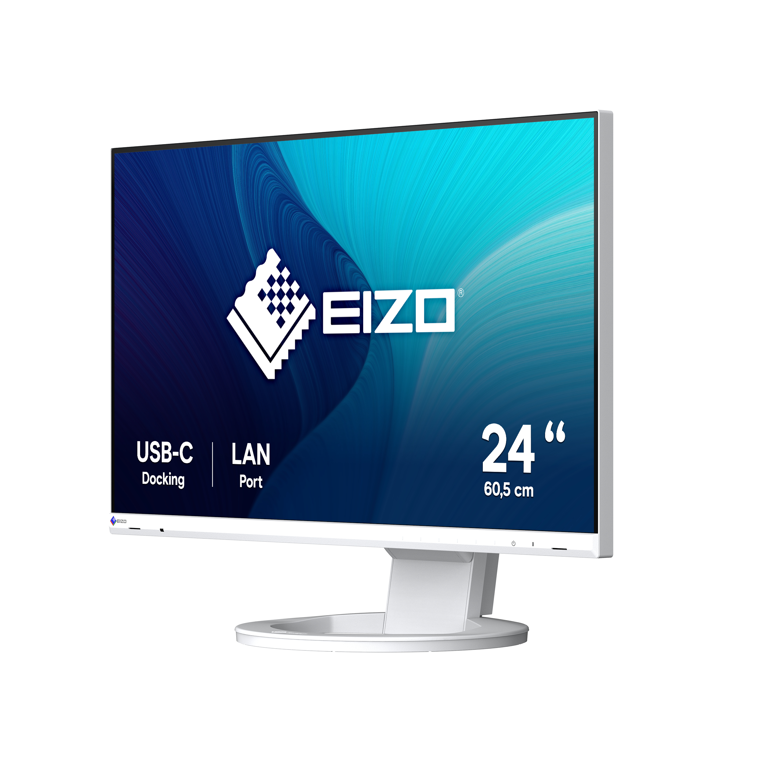 EIZO monitor, white frame, blue and white screen with USB-C and LAN port labels.