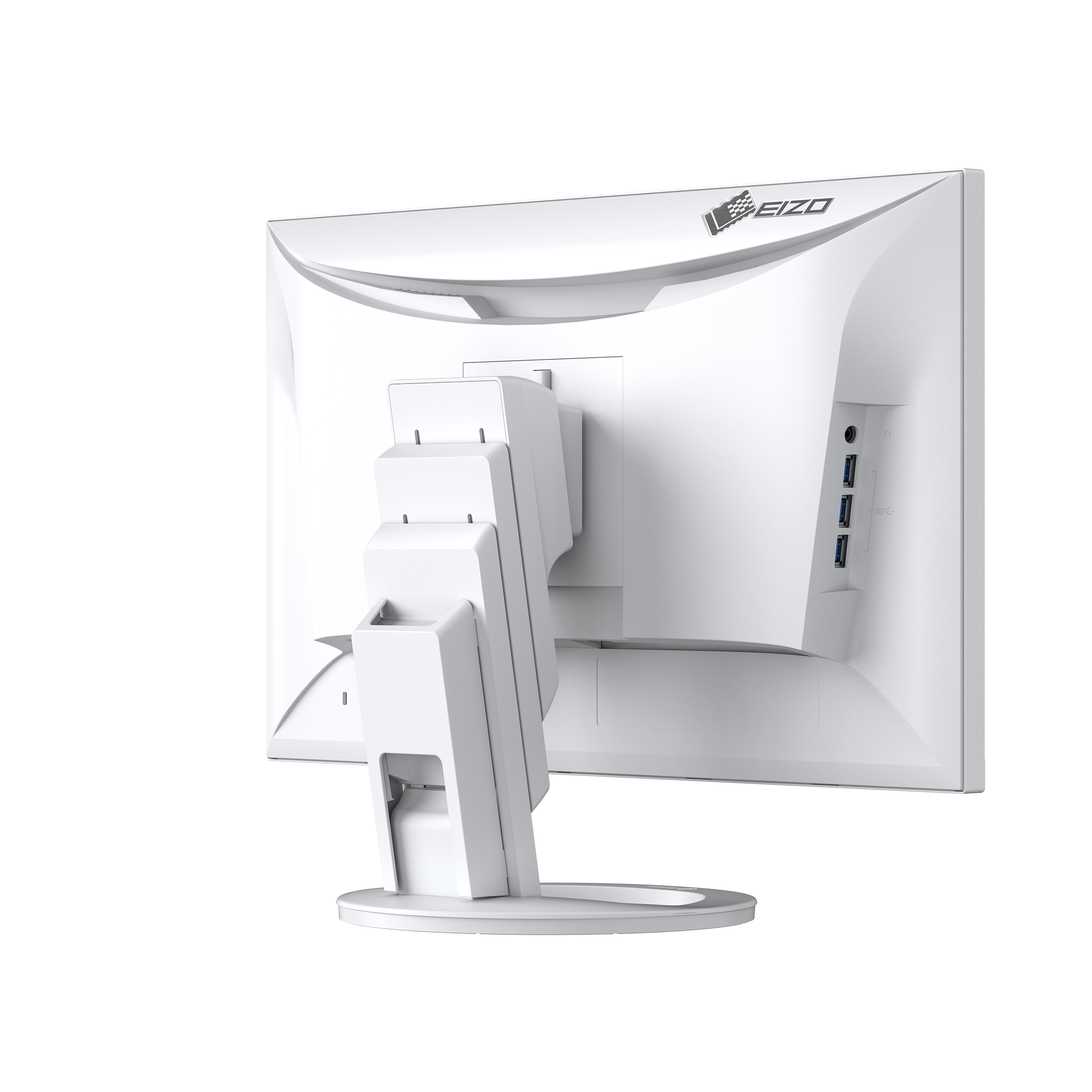 White computer monitor from the back, with stand. Ports are visible on the side.