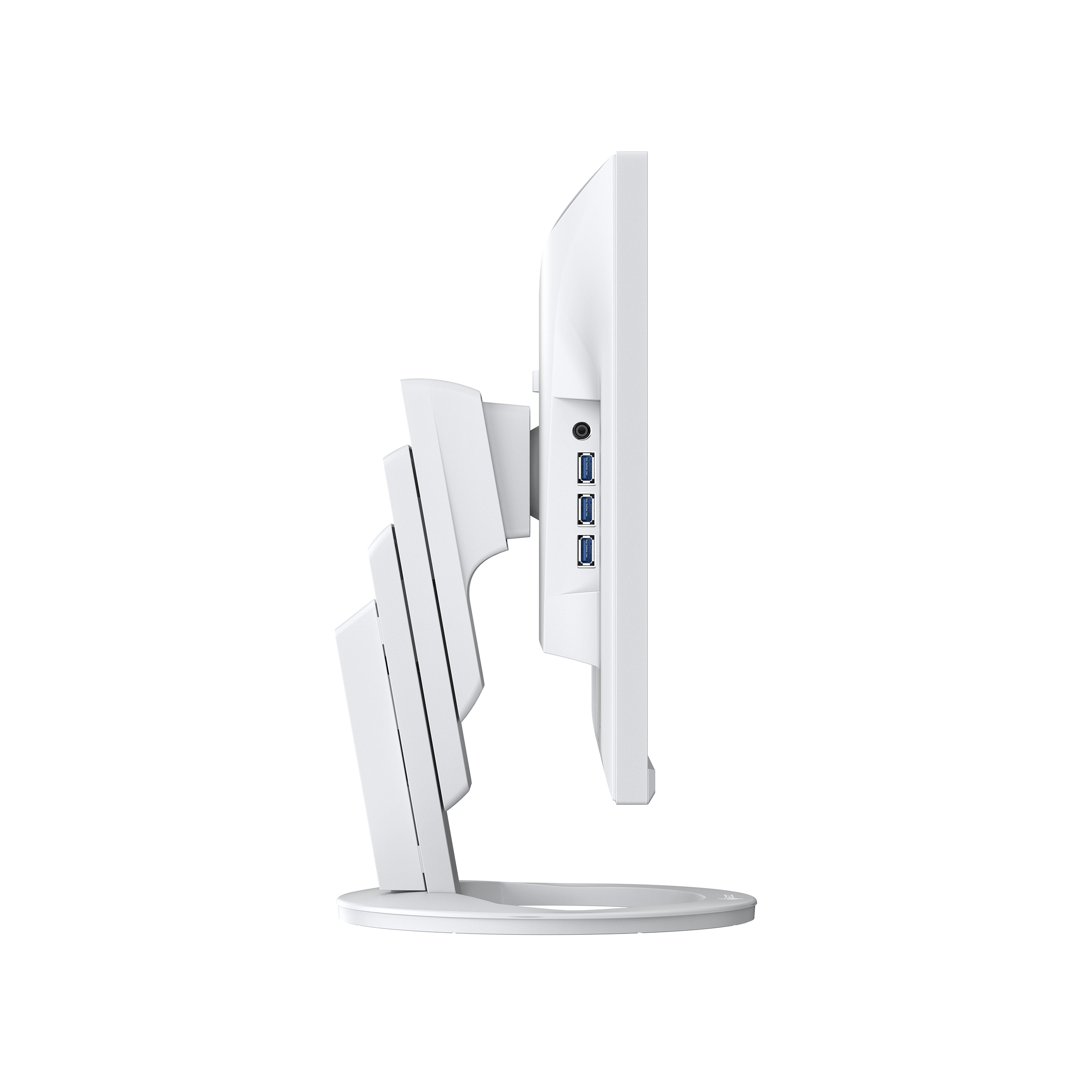 Side view of a white computer monitor with multiple ports and a unique stand design.