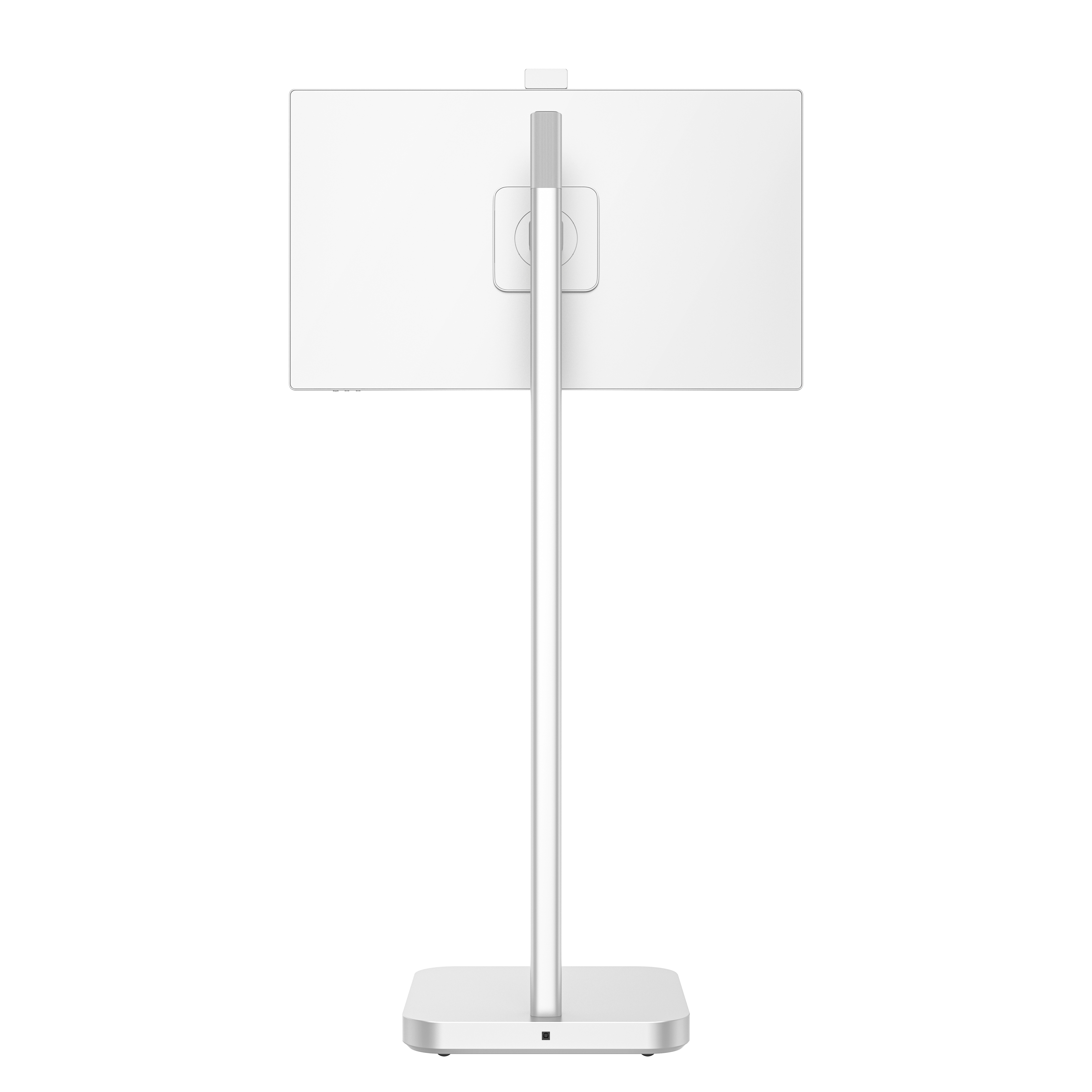 Biały stojak pod telewizor z telewizorem, widok z tyłu. Stojak jest wysoki i cienki.