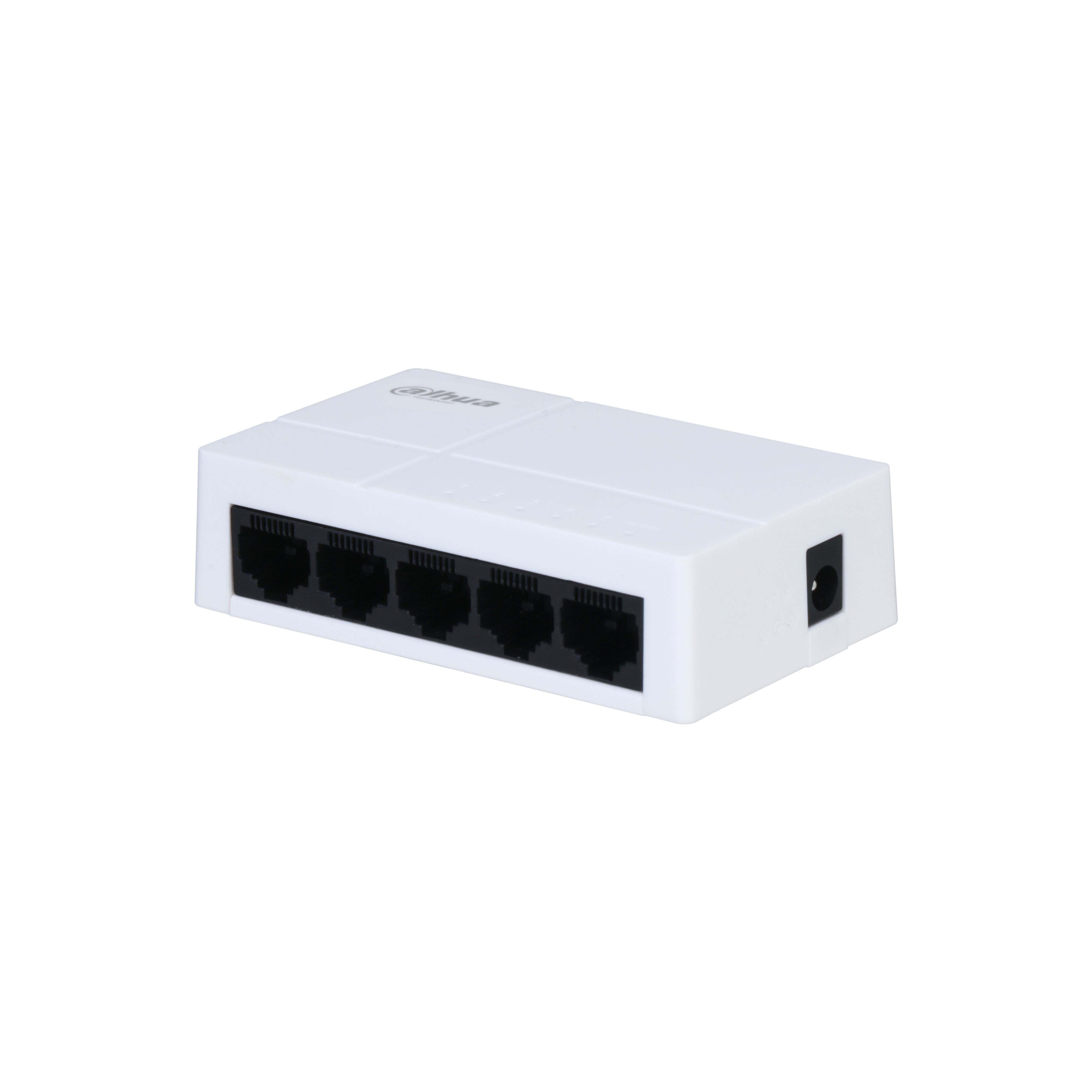 Weißer Netzwerk-Switch mit sechs schwarzen Ethernet-Anschlüssen. Er hat einen Stromanschluss und ein Logo.