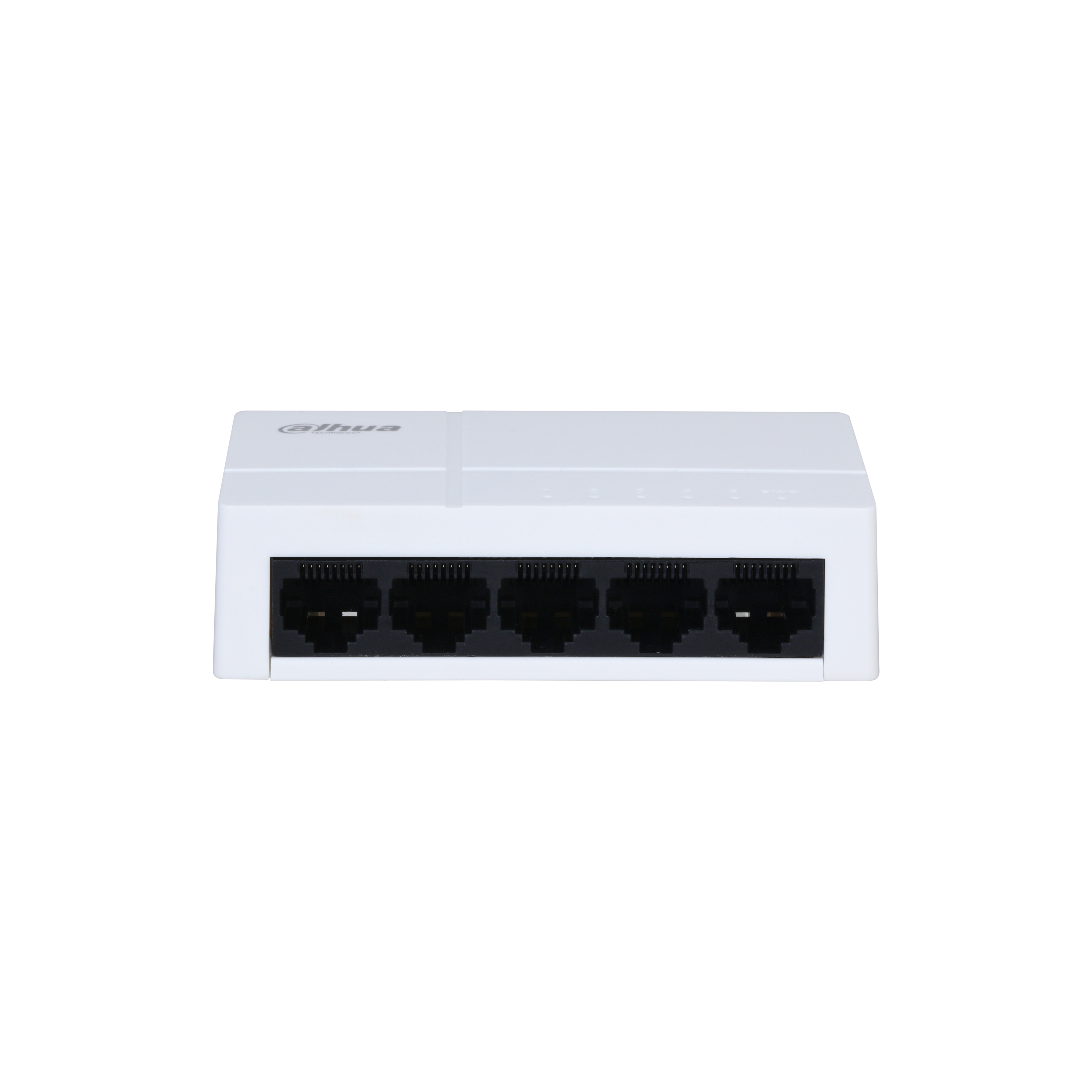 Weißer Netzwerk-Switch mit fünf schwarzen Ethernet-Anschlüssen und einem Logo. Einfacher weißer Hintergrund.