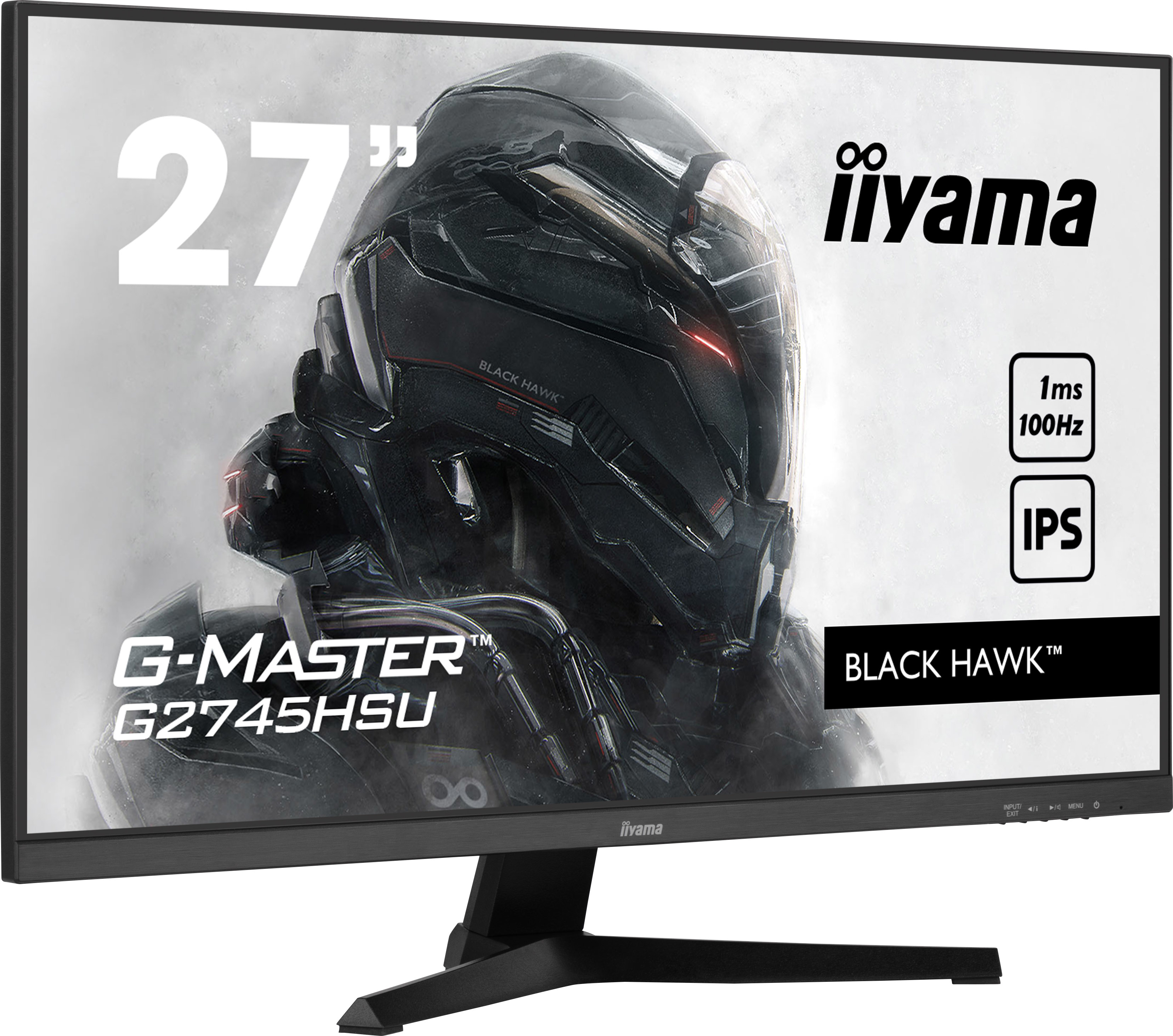 Un monitor gaming de 27" con una imagen de guerrero futurista en pantalla. Muestra información.