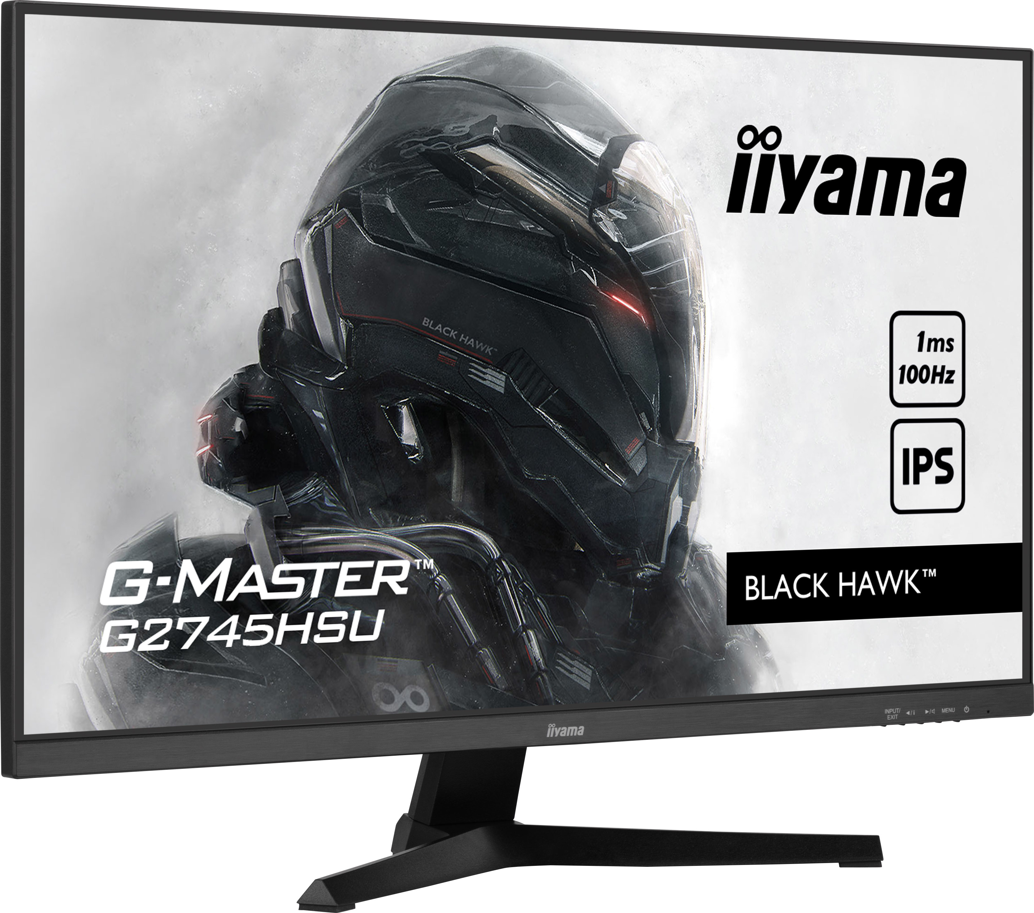 Monitor de juegos negro con logo 'iiyama' e imagen 'Black Hawk'.