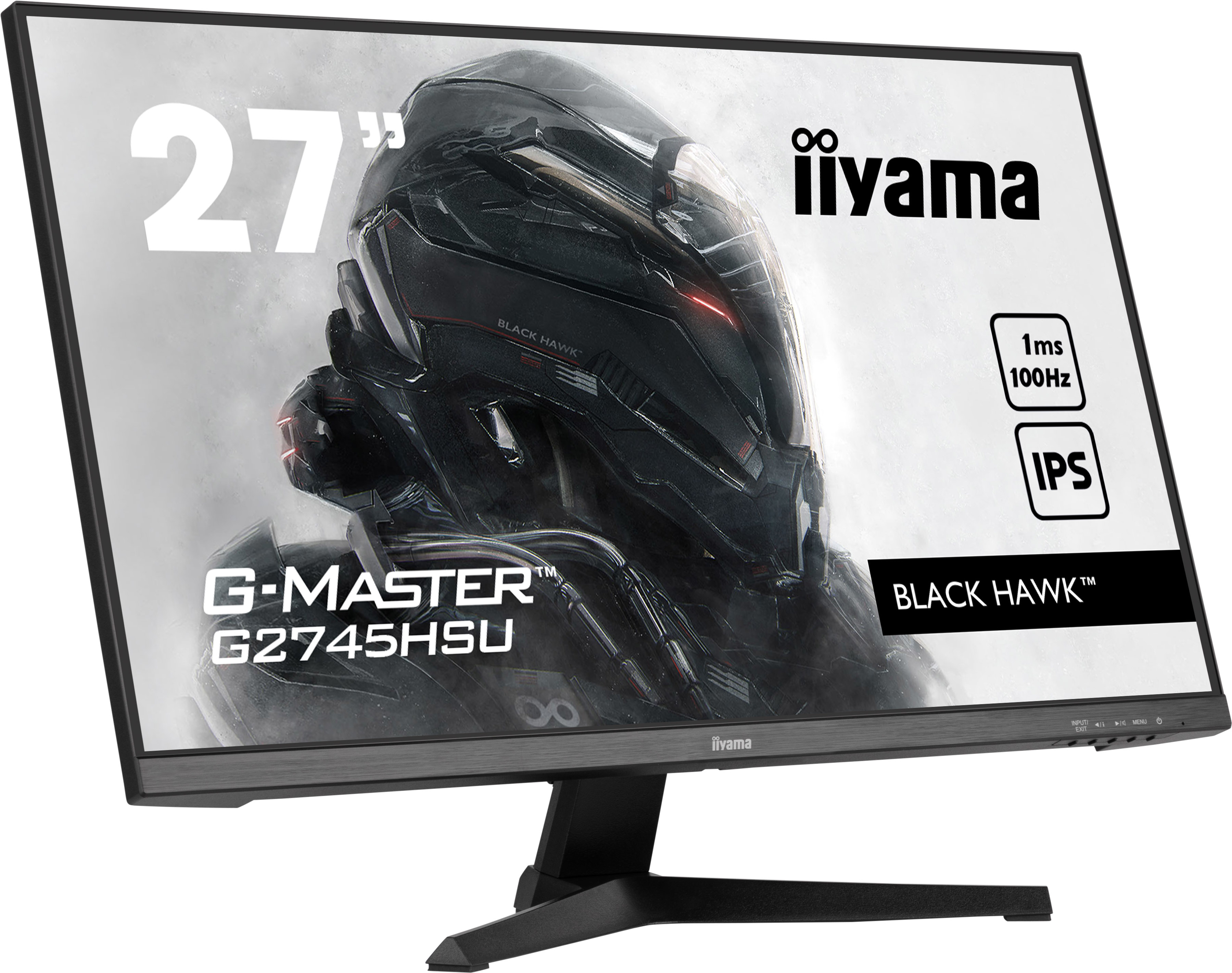 Un monitor iiyama de 27 pulgadas con gráficos de juego en pantalla. Está montado en un soporte negro.
