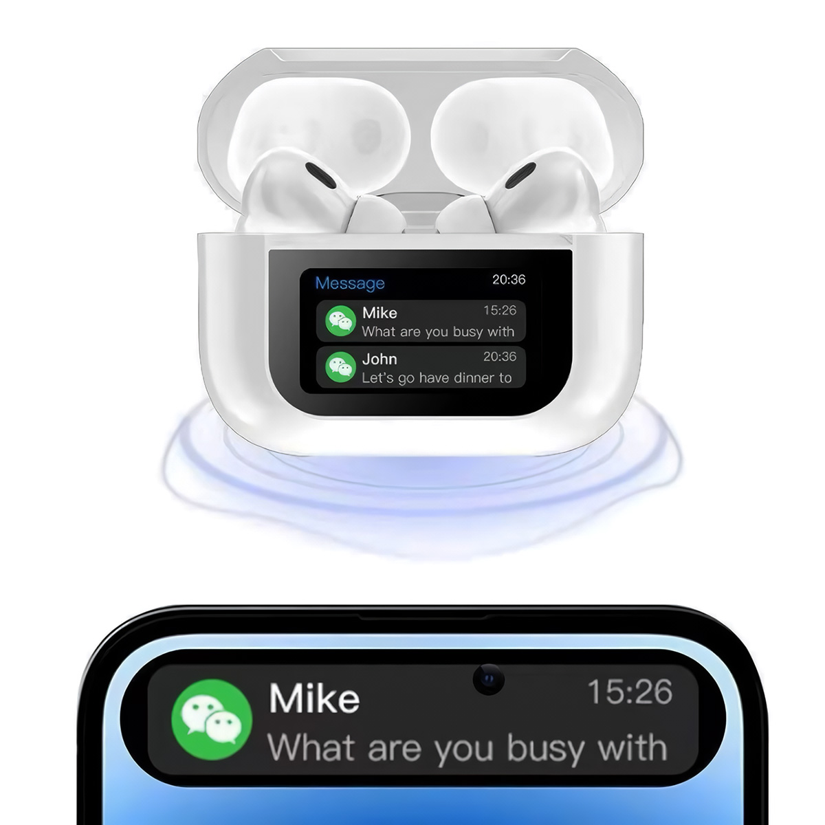 Estuche de carga inalámbrica blanco con auriculares, mostrando una notificación de mensaje de texto en pantalla.