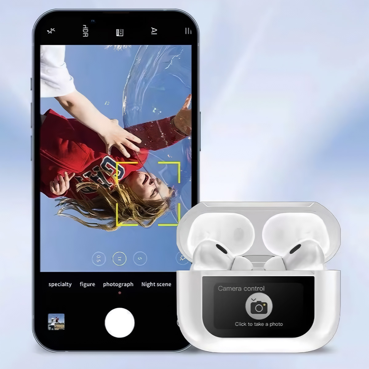 Un teléfono está fotografiando a una niña con una burbuja. Los auriculares inalámbricos están en su estuche de carga.