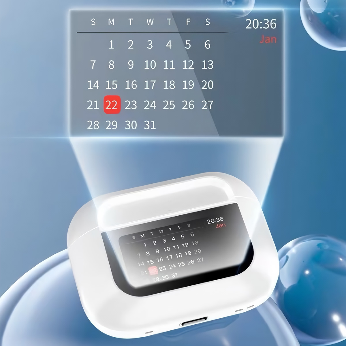 Estuche blanco con pantalla mostrando calendario y hora, con fondo azul.