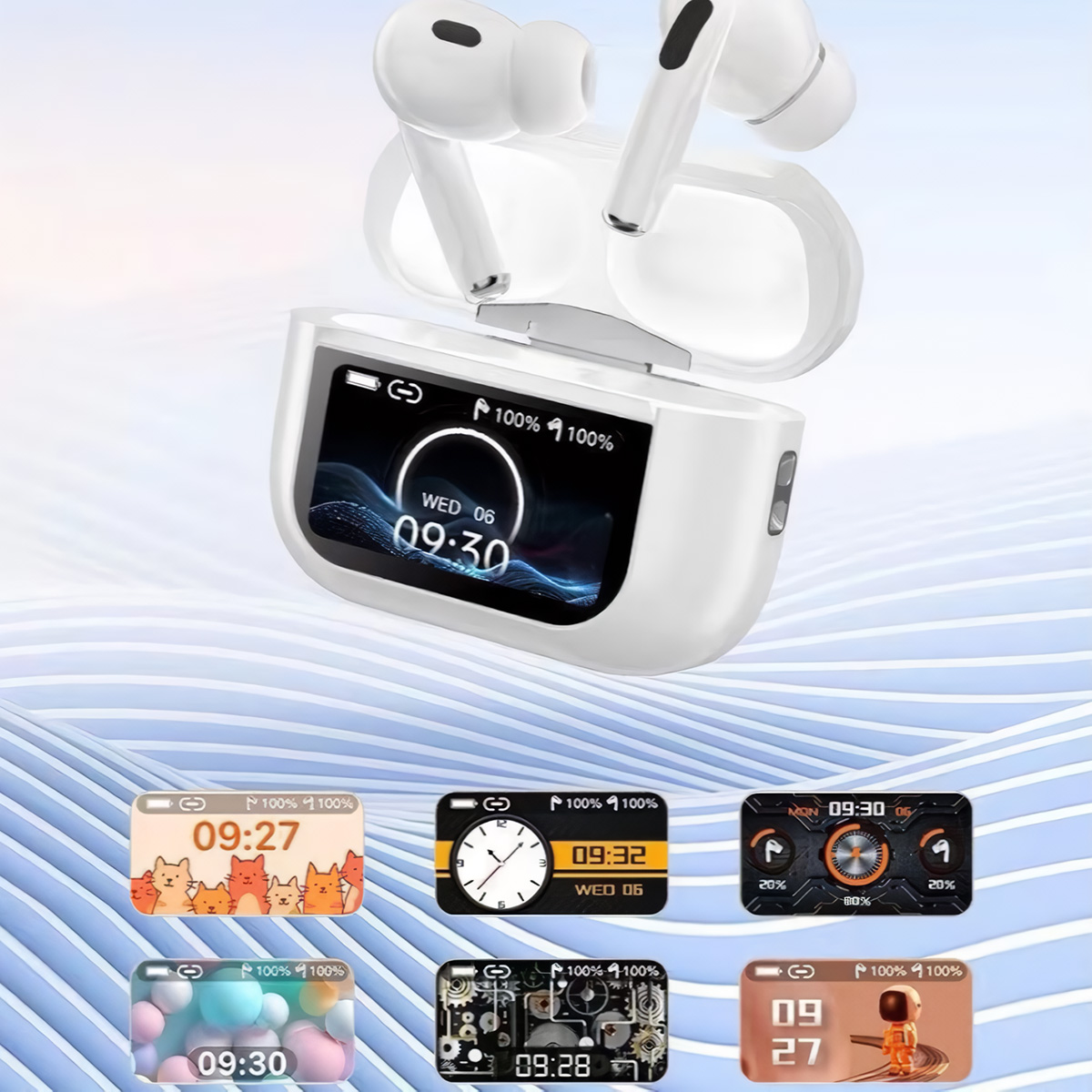 Estuche blanco de auriculares con tapa abierta, mostrando una pantalla con hora e info de batería. Múltiples pantallas pequeñas debajo.