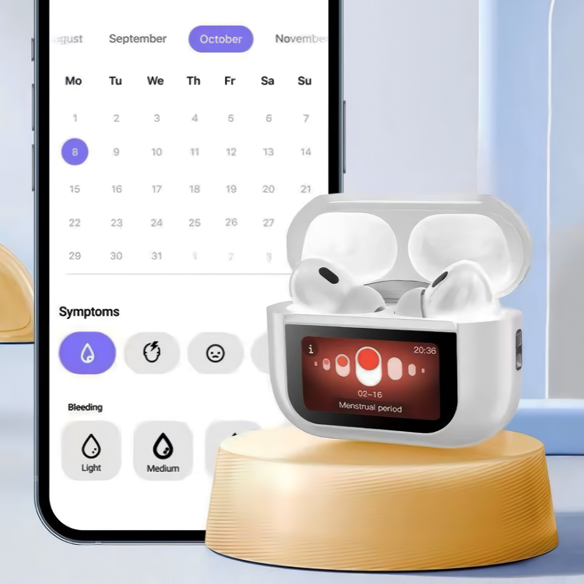 Auriculares con estuche de carga blanco, un teléfono con calendario y app de ciclo menstrual.