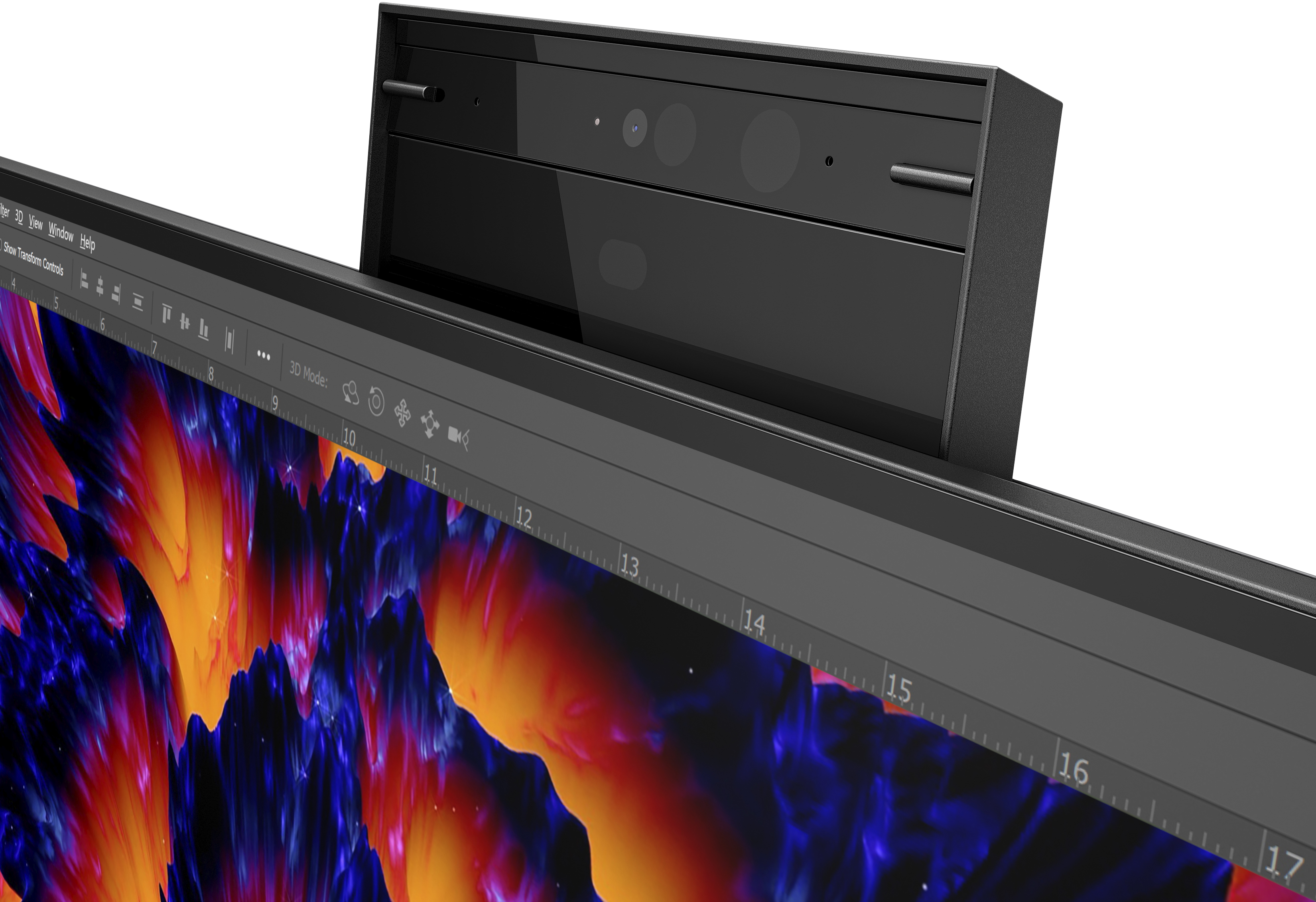 Zbliżenie monitora z wbudowaną kamerą. Wyświetla kolorowy, abstrakcyjny obraz.