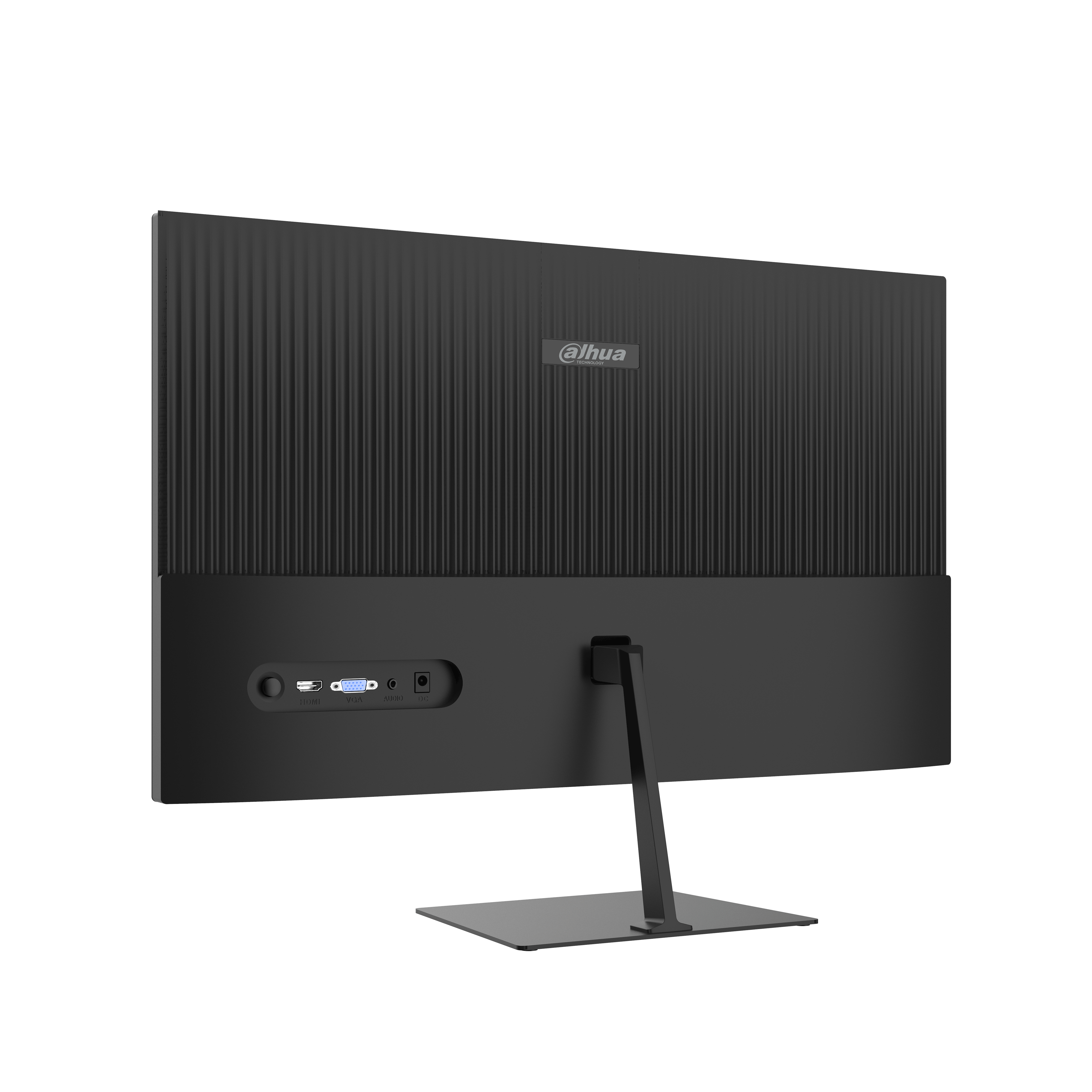 La parte trasera de un monitor de computadora negro. Tiene un soporte y varios puertos de conectividad.