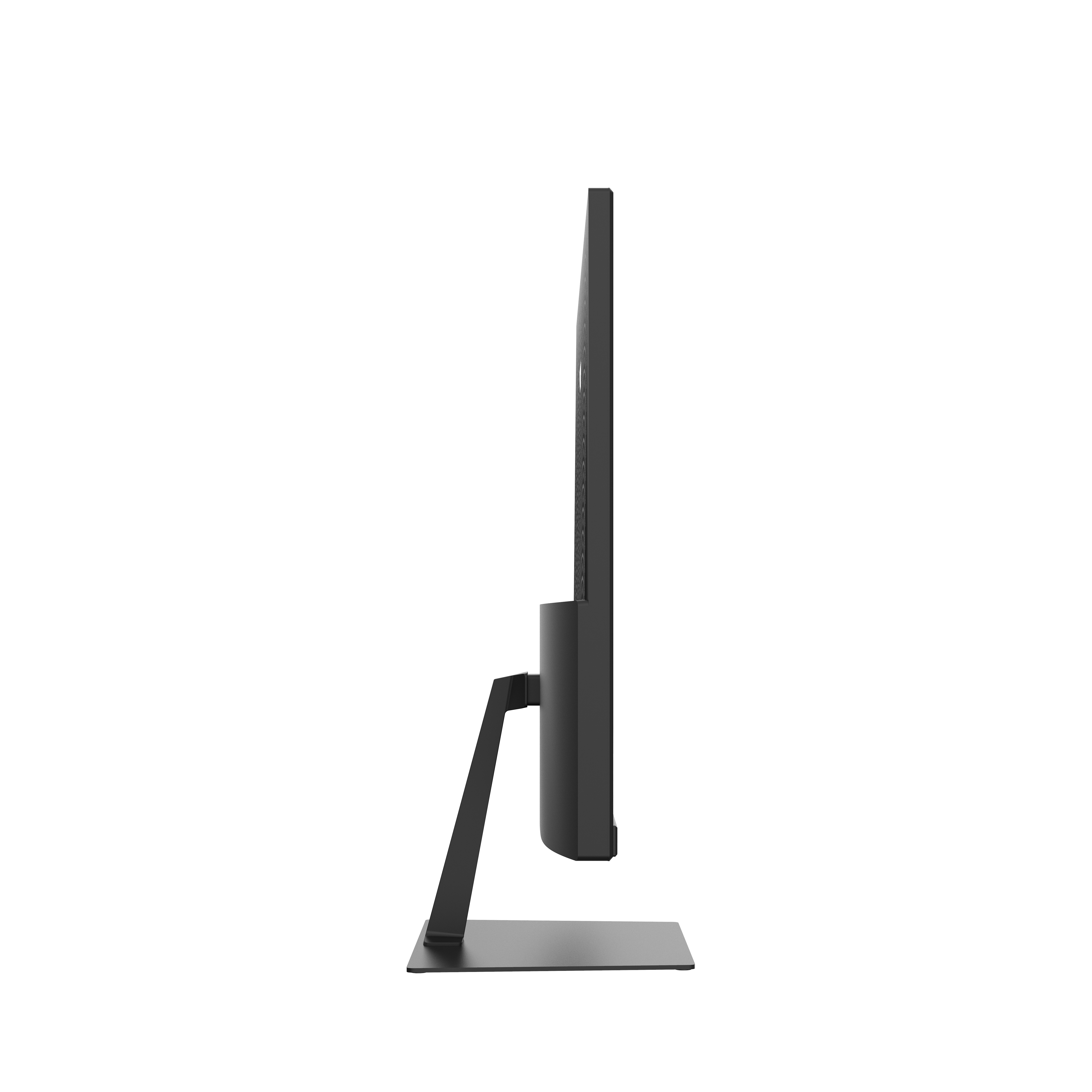 Vista lateral del monitor. Marco negro, soporte negro. Diseño limpio y minimalista. Fondo blanco.