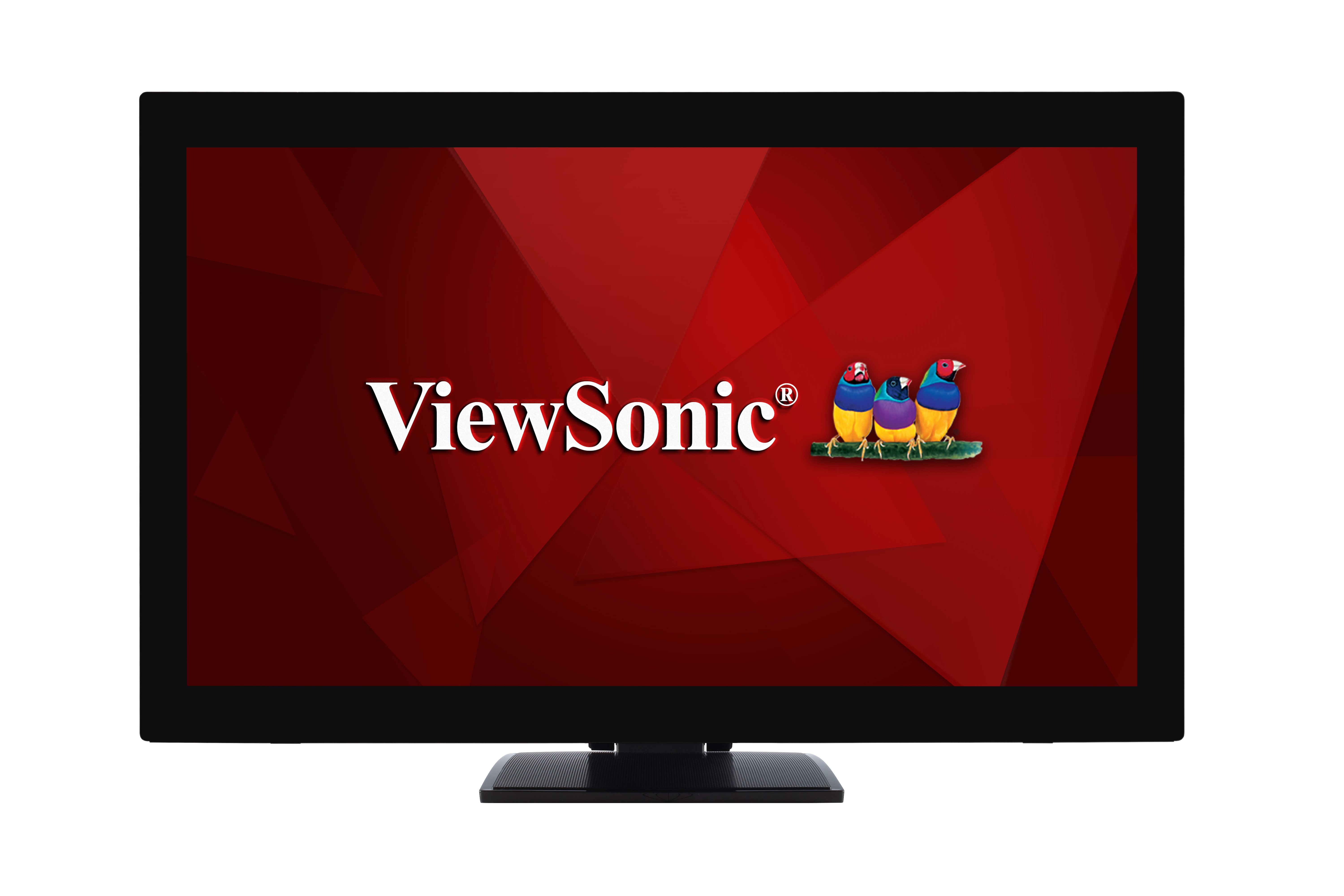 Ekran telewizora ViewSonic z logo i dekoracyjnymi ptakami na czerwonym tle.