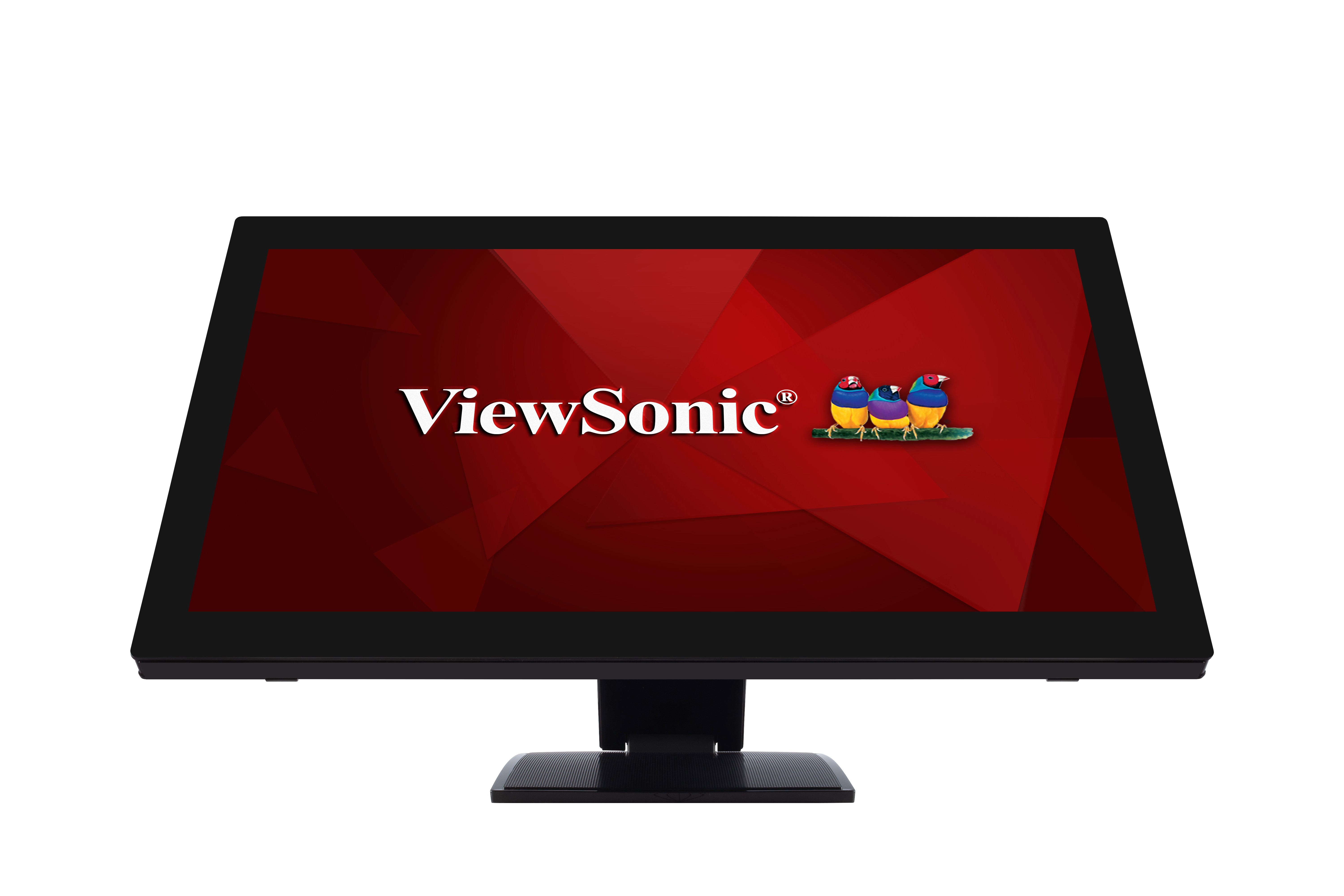 Monitor ViewSonic wyświetla czerwono-czarną grafikę z logo ViewSonic.