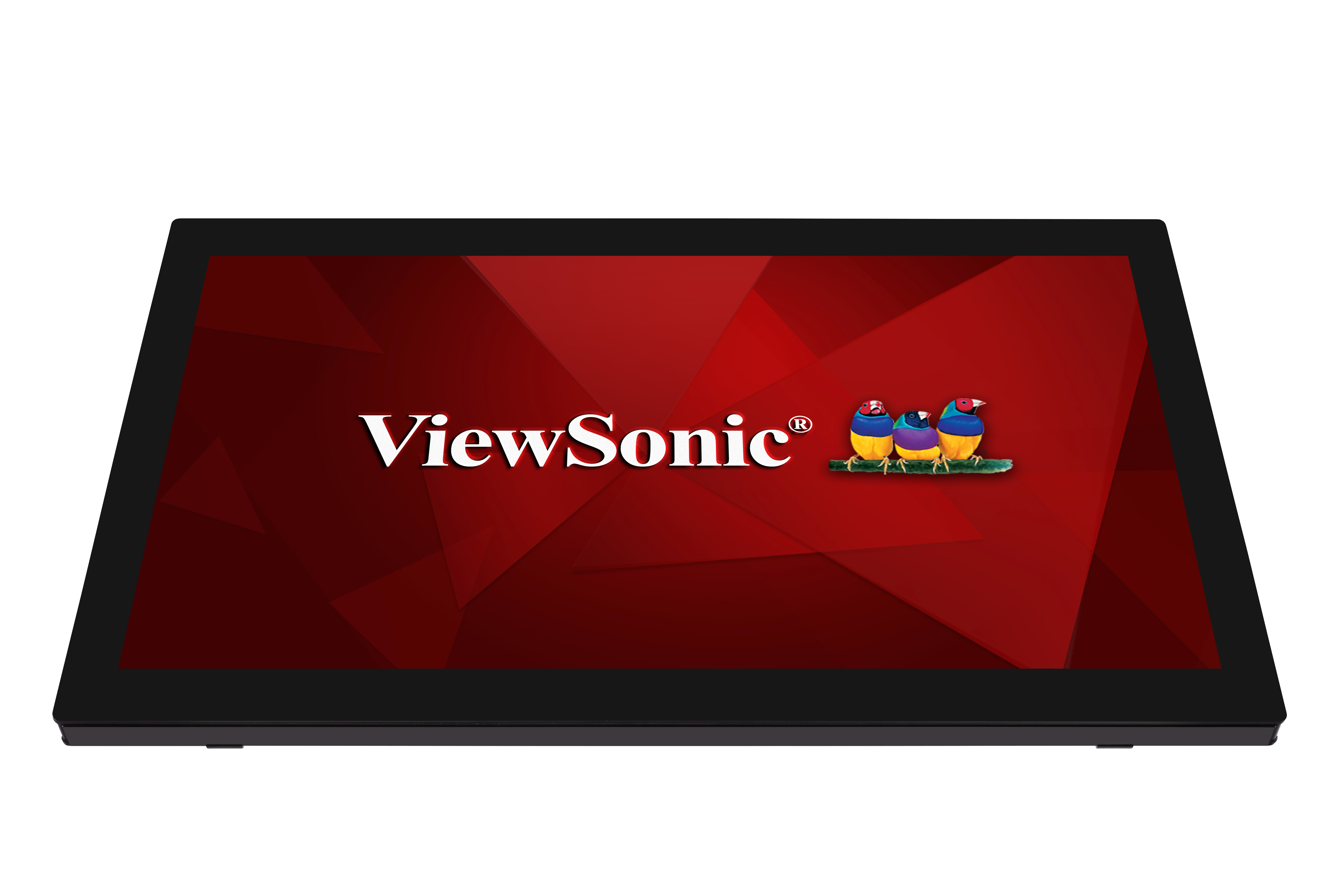 Czarny monitor ViewSonic z czerwonym tłem wyświetlającym logo marki i trzy ikony ptaków.