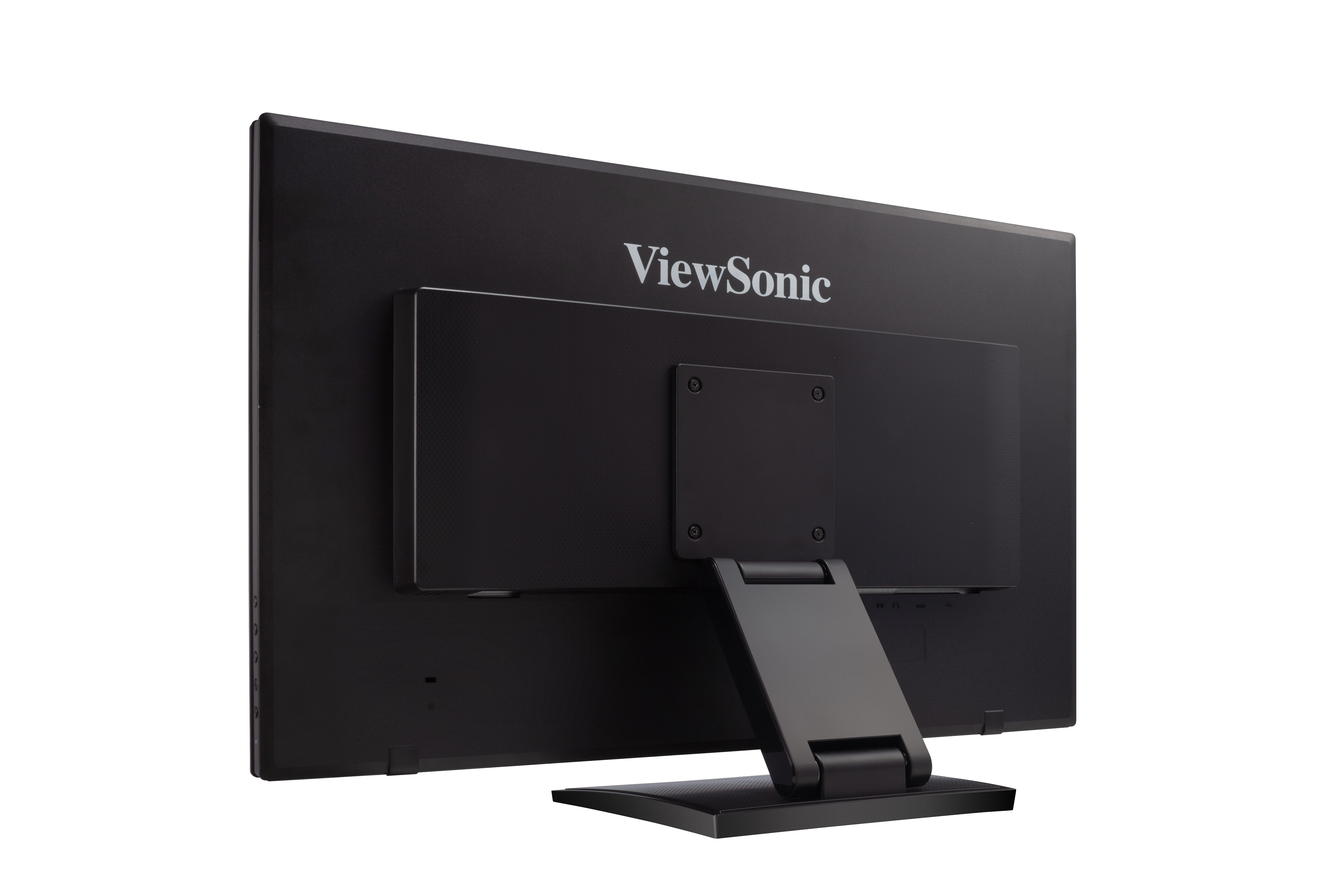Widok z tyłu monitora ViewSonic. Czarny ekran, czarny stojak i białe tło.