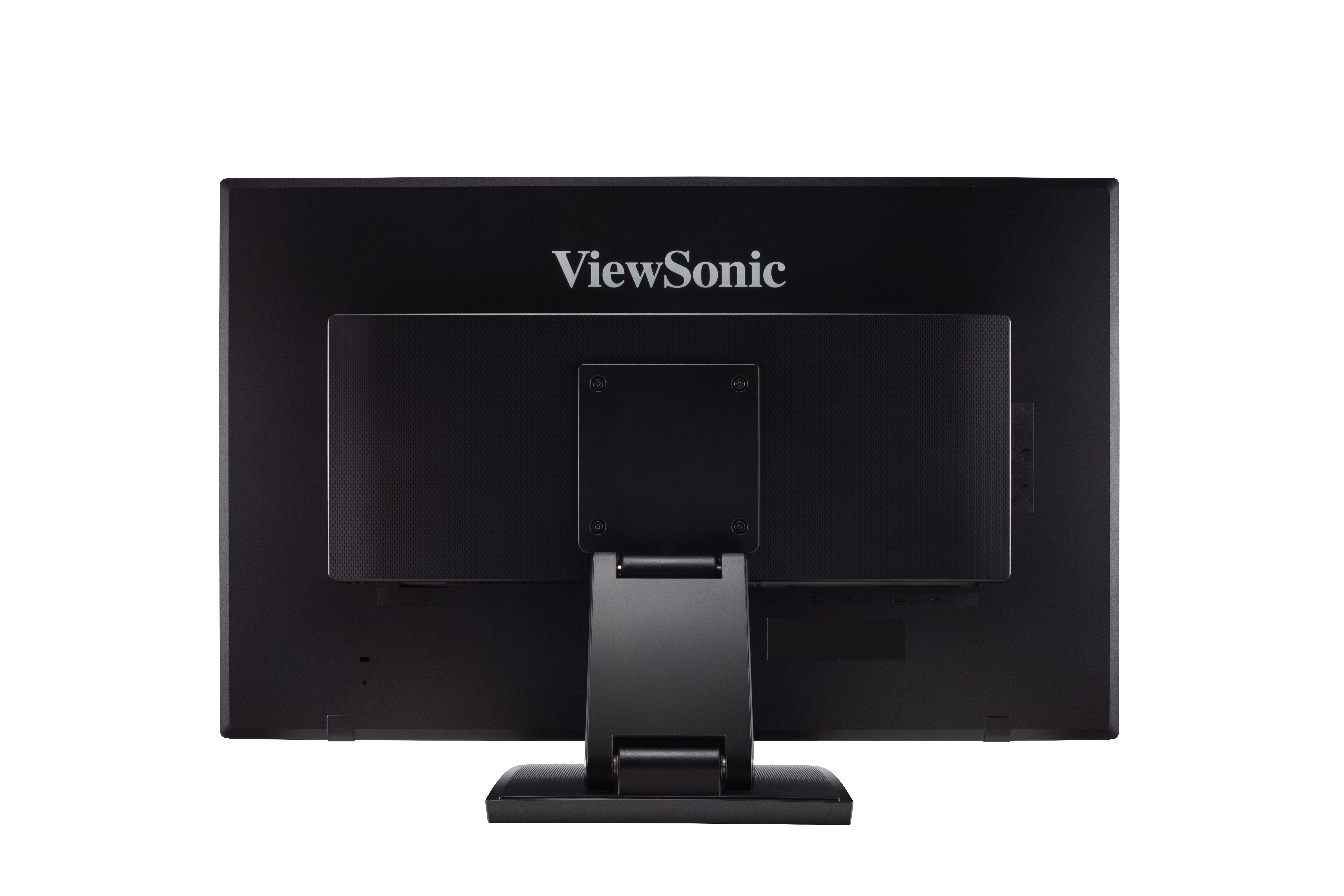 Tył czarnego monitora komputerowego z logo ViewSonic. Podstawa jest czarna.