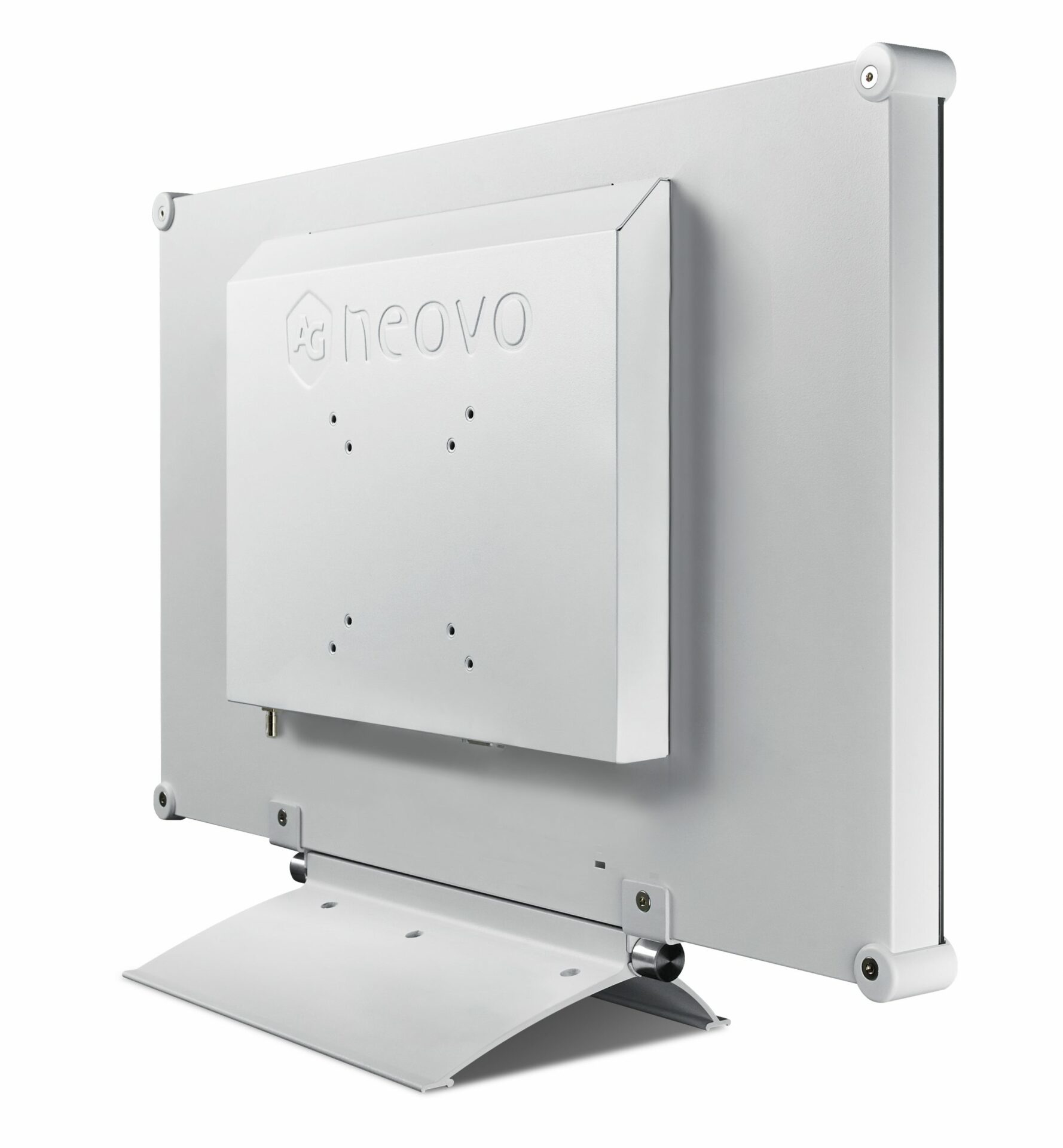 Weißer Neovo-Monitor von der Seite, mit Ständer und Montageplatte.