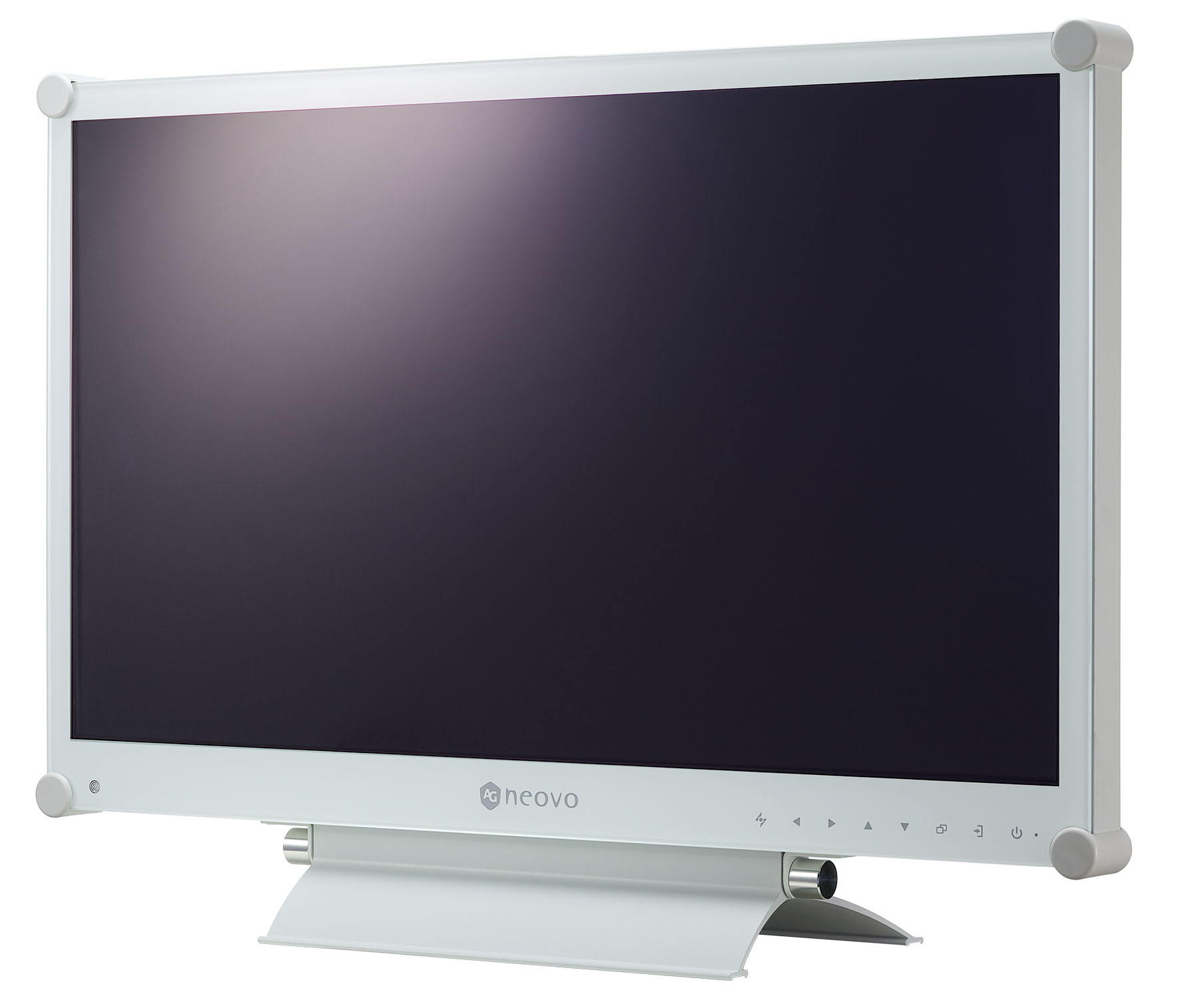 Ein weißer Computermonitor mit dünnem Rahmen und Ständer, schräge Ansicht.