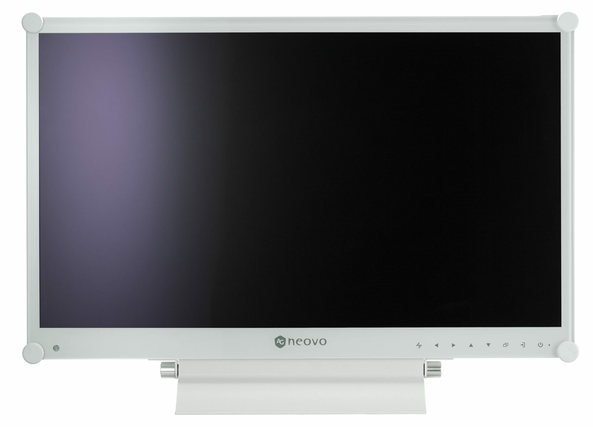 Weißer Computermonitor mit schwarzem Bildschirm und Ständer.