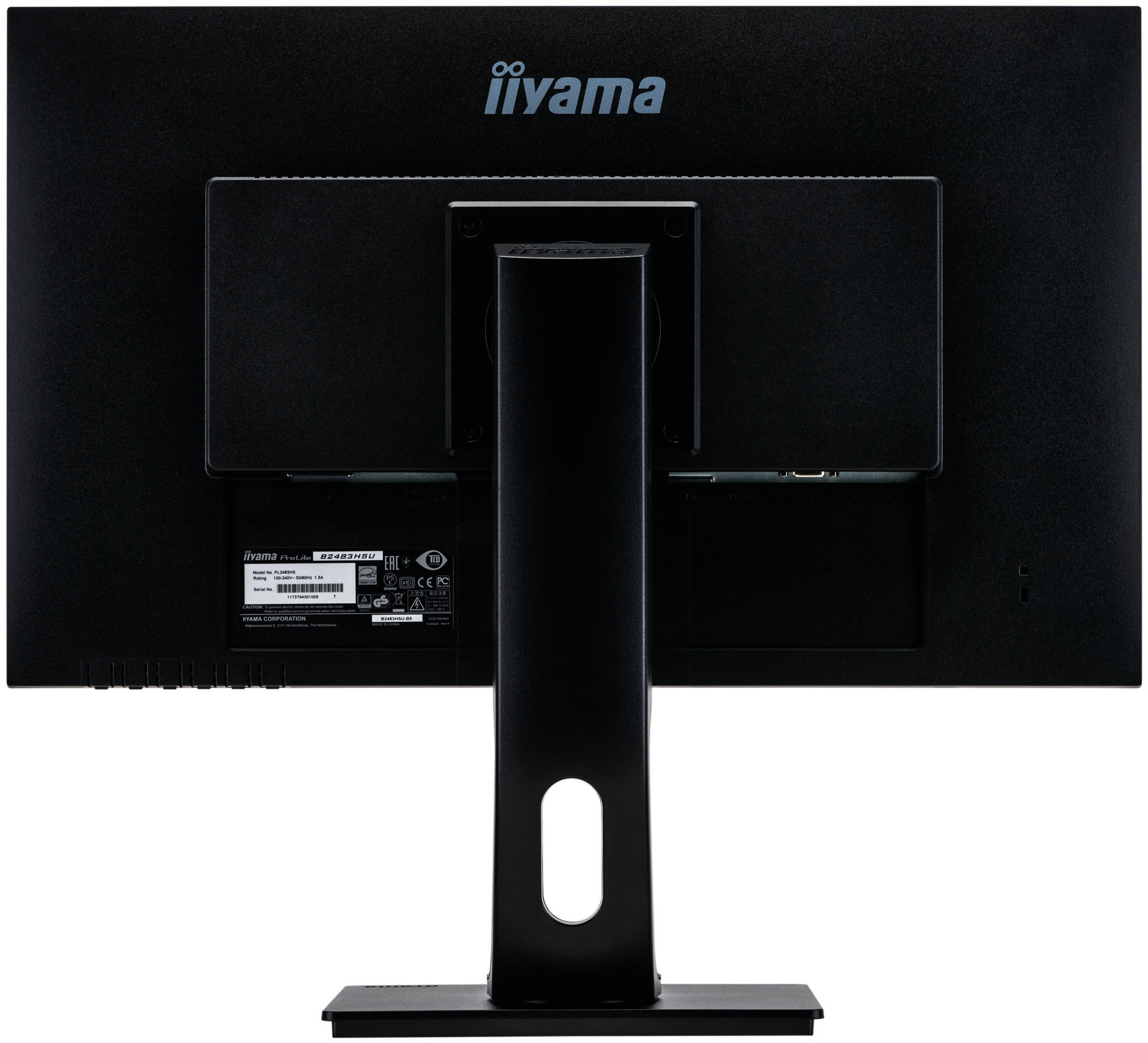 Rückansicht eines schwarzen Monitors. Anschlüsse und Ständer sichtbar. iiyama-Logo oben.