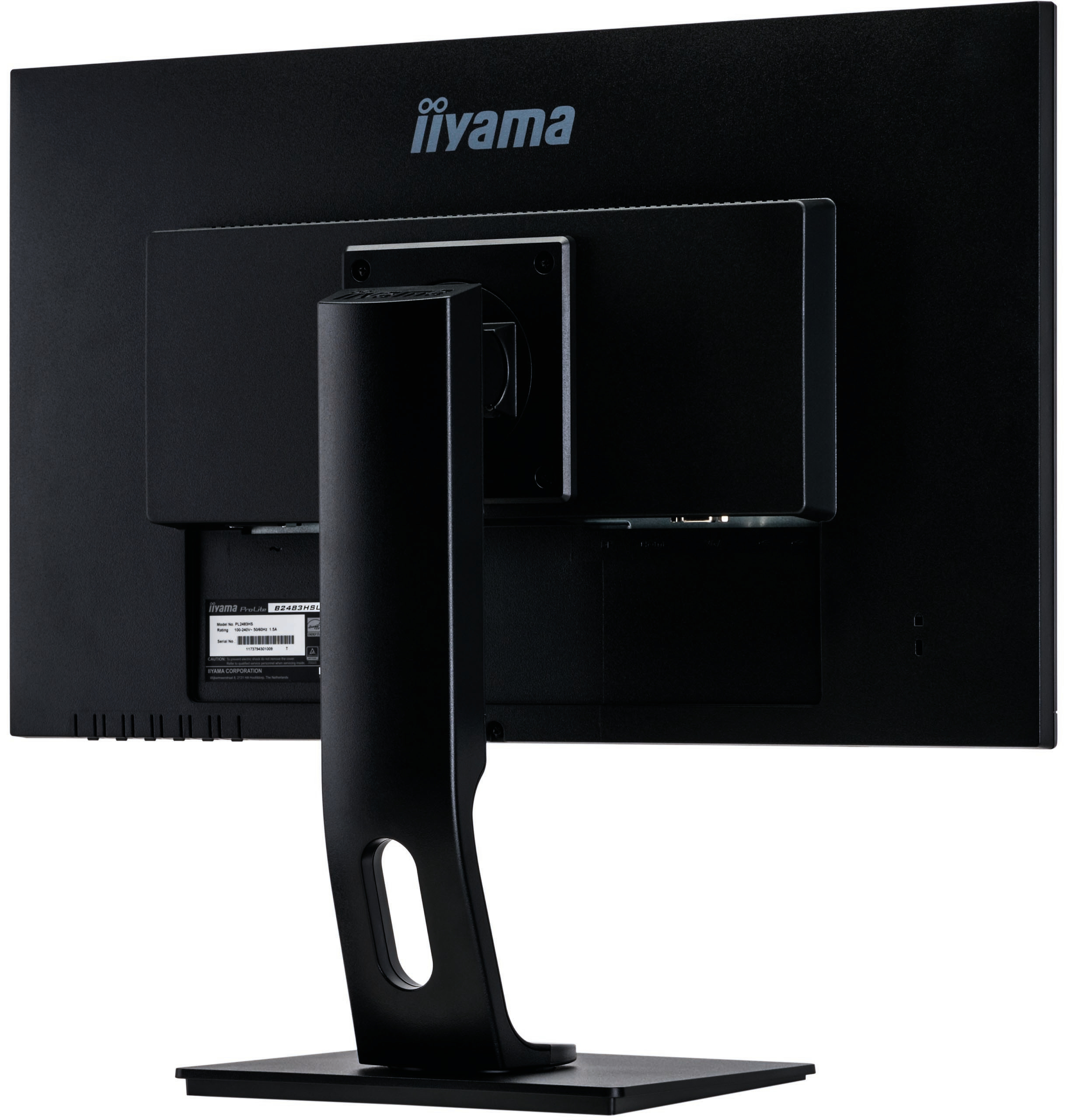 Rückseite eines schwarzen Monitors mit dem iiYama-Logo. Es hat einen Ständer und Anschlüsse.
