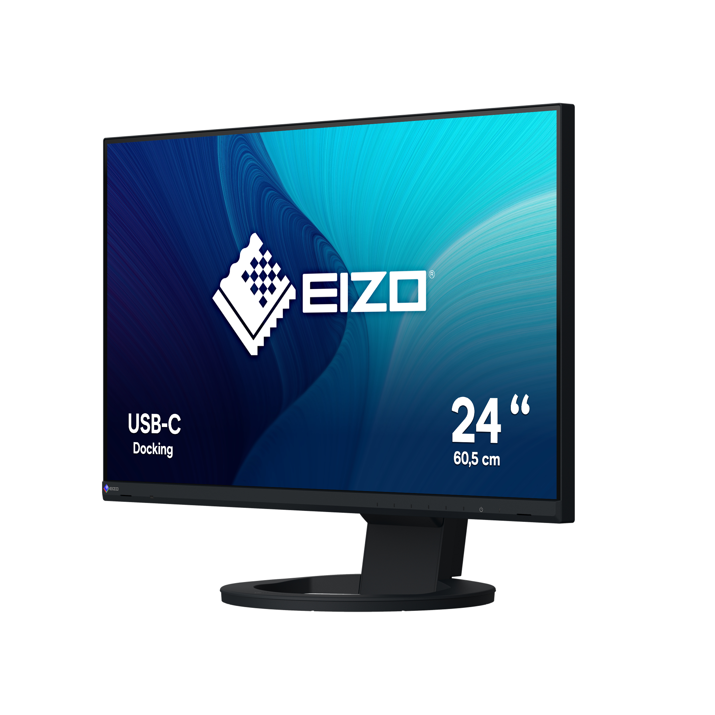 EIZO monitor, black, with a blue and white graphic on screen, angled view.