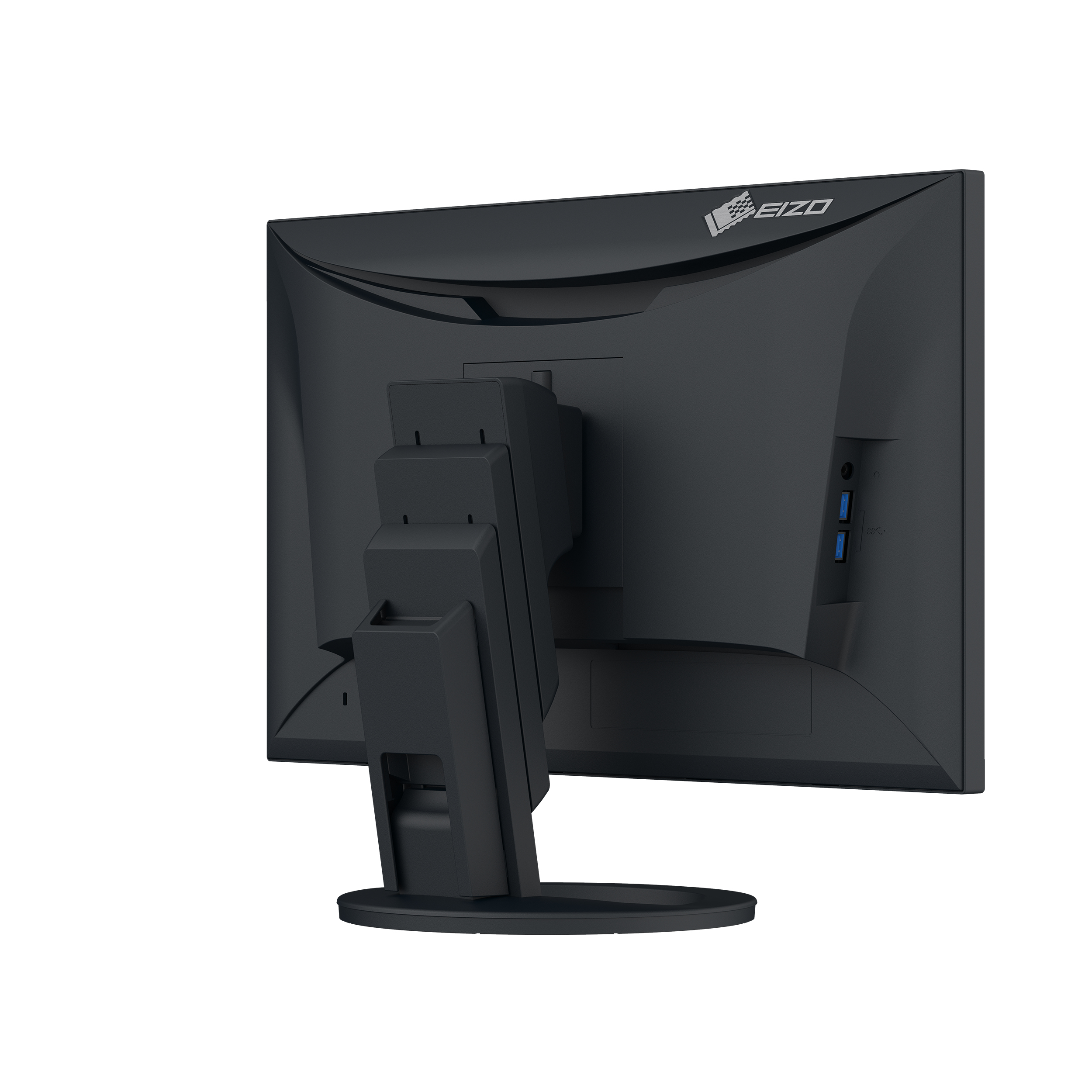 Black monitor back with EIZO logo. The stand is black, and the ports are on the back.