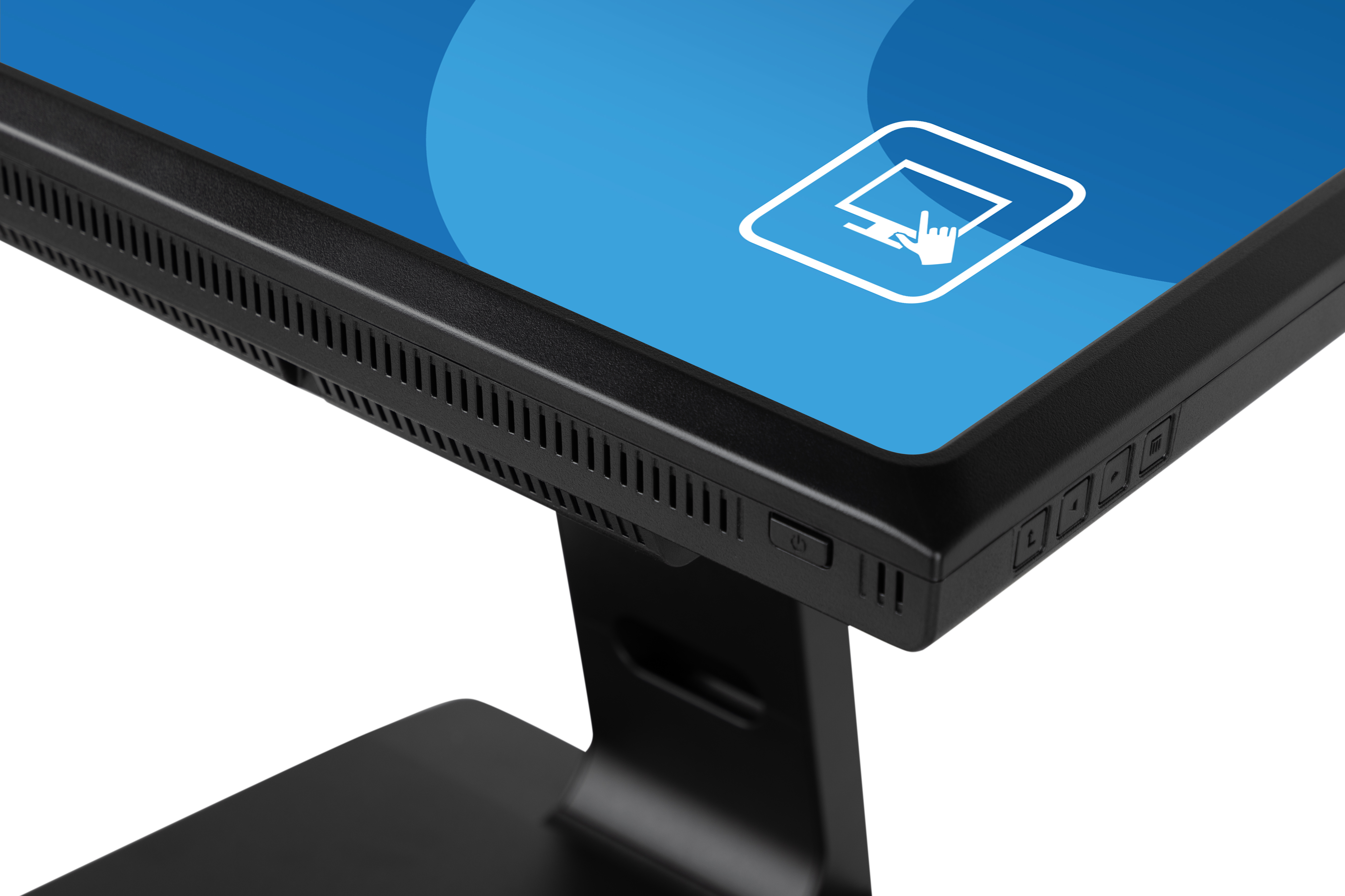 Zbliżenie boku monitora. Pokazuje przyciski, wskaźnik zasilania i część ekranu.