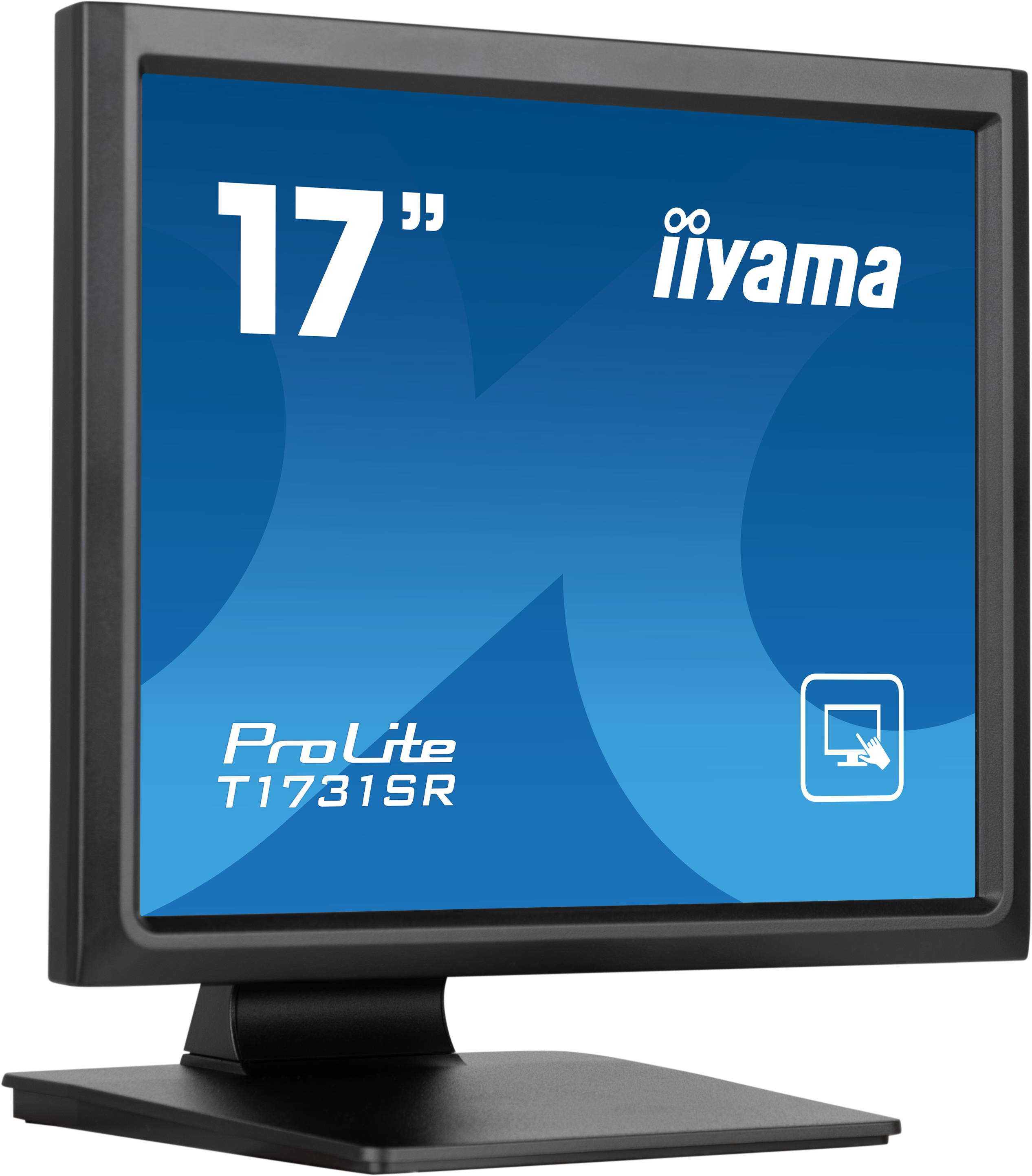 Czarny monitor iiyama ProLite 17". Ekran wyświetla niebieskie tło.