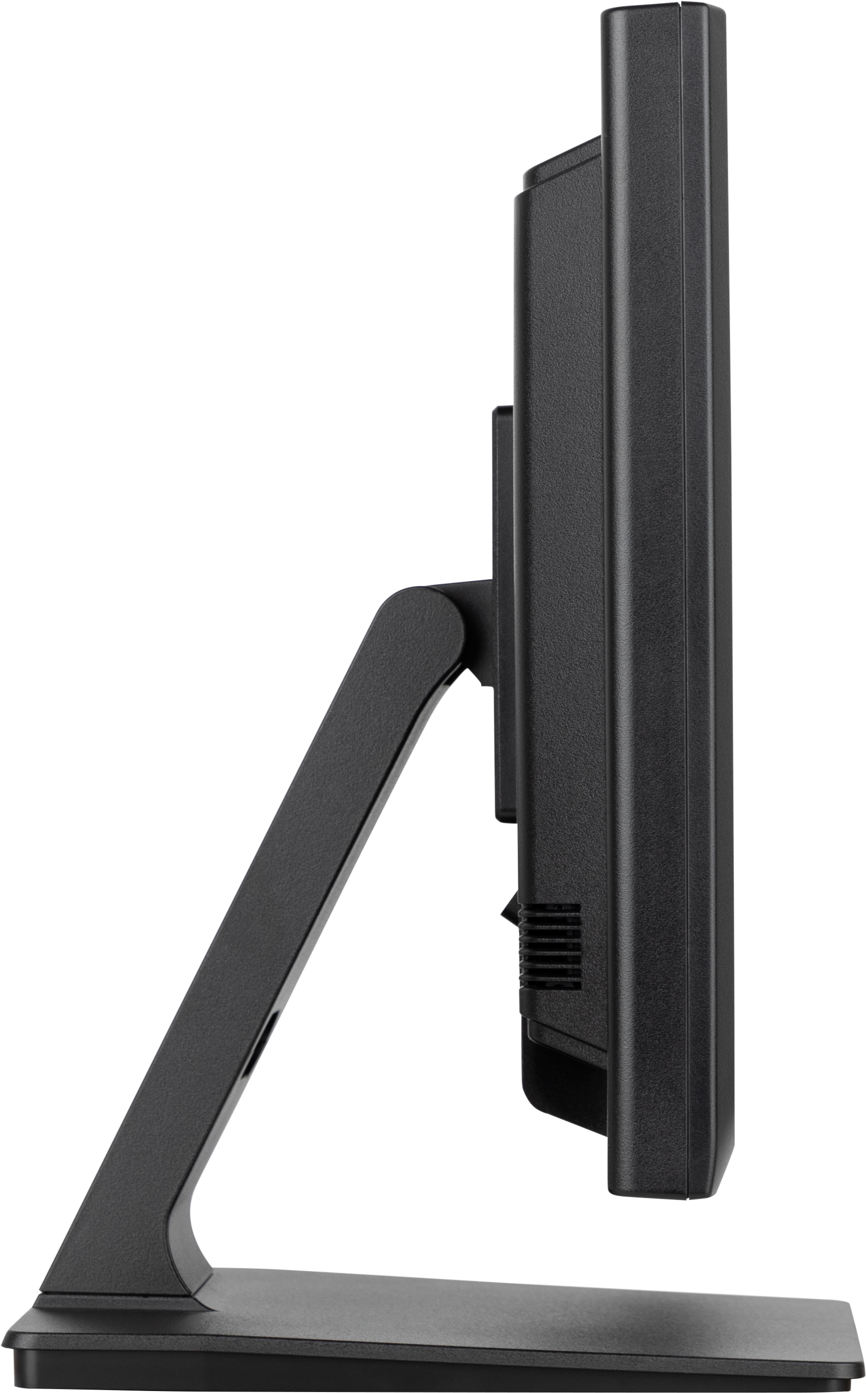 Widok z boku czarnego monitora na podstawie. Podstawa jest czarna i pochylona.