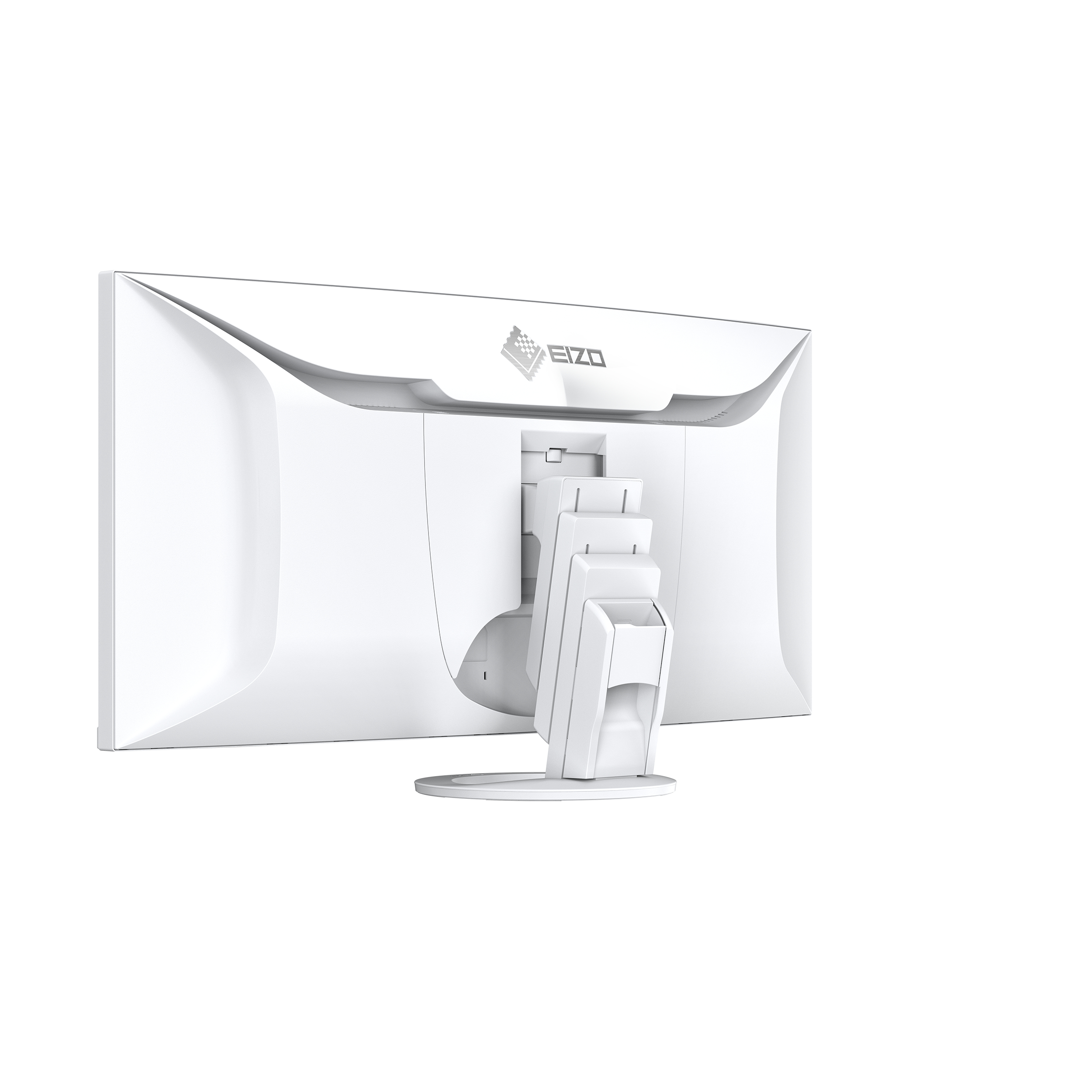 Biały monitor, widok z tyłu. Biały, minimalistyczny design. Logo EIZO z tyłu.