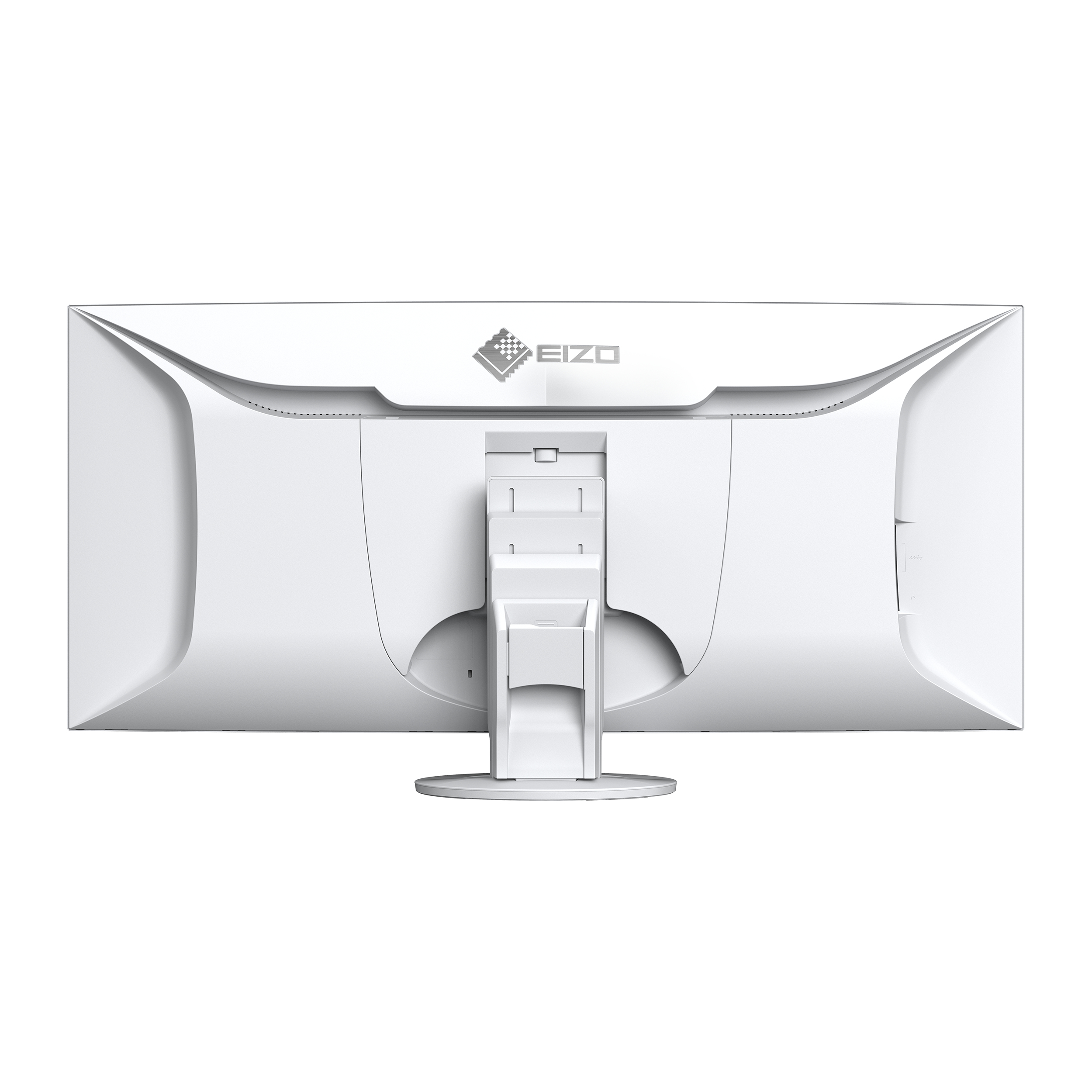 Widok z tyłu białego monitora z logo 'EIZO' na górze pośrodku.