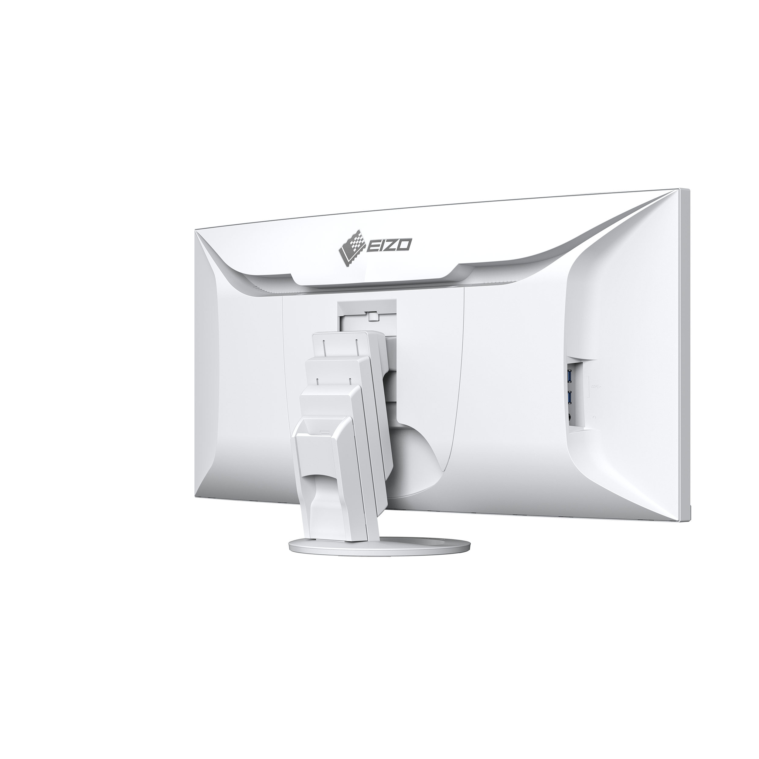 Widok z tyłu białego monitora. Widoczna nazwa marki EIZO.