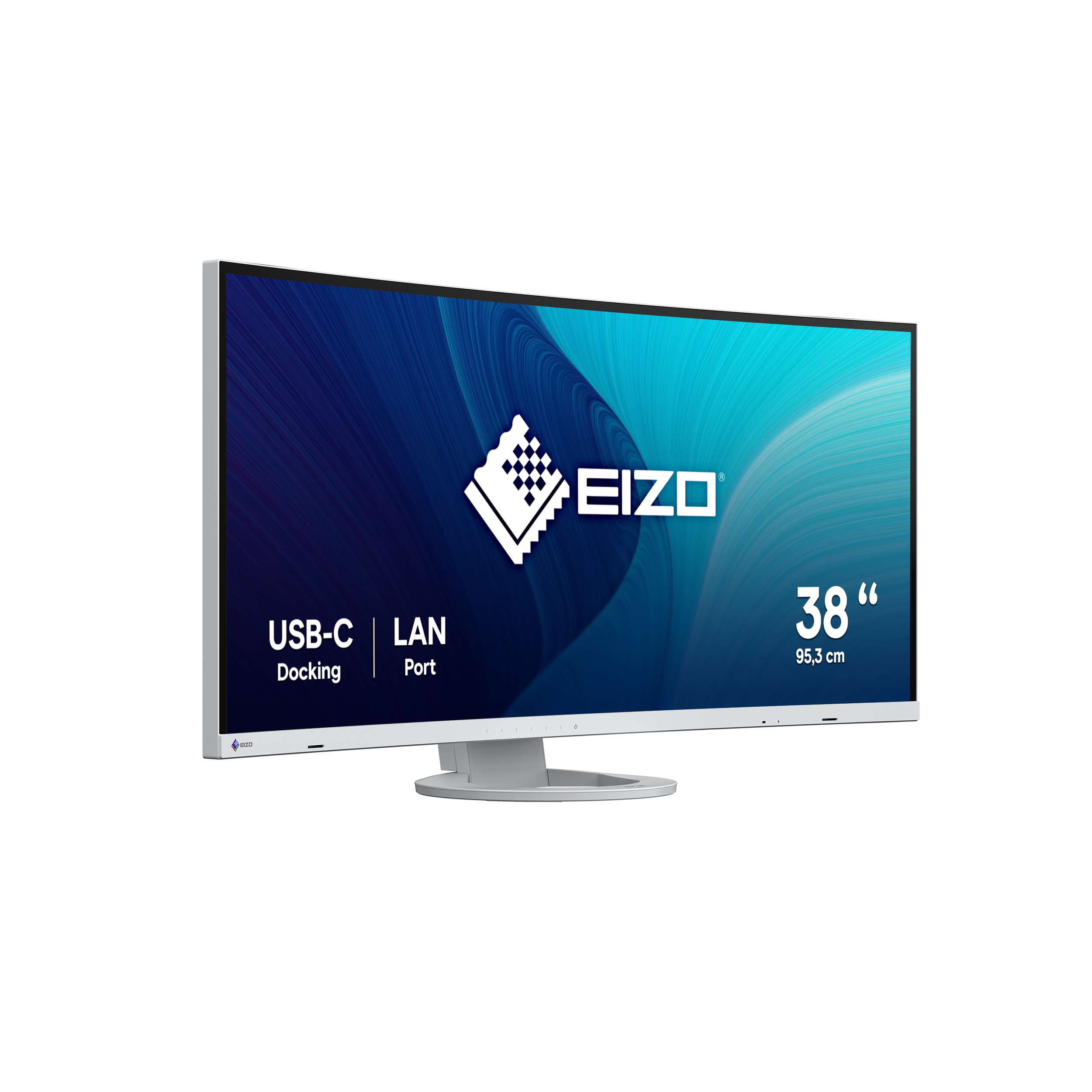 Szeroki monitor EIZO z białą ramką, niebieskim ekranem i białą podstawą.