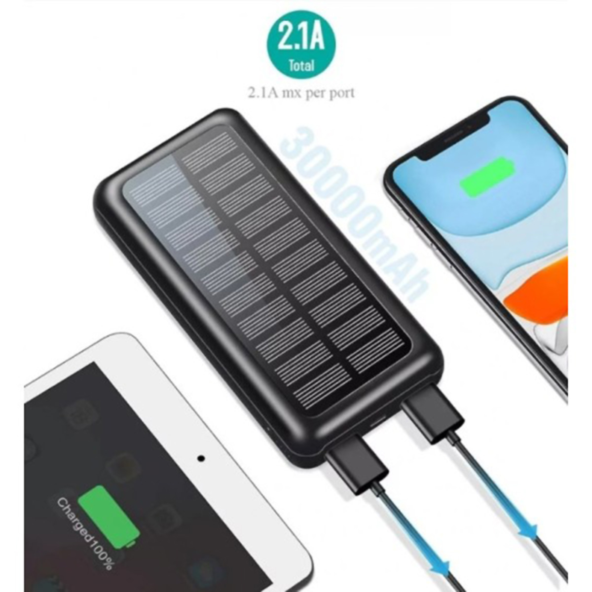Banco de energía negro cargando una tableta y un teléfono mediante cables, con panel solar.