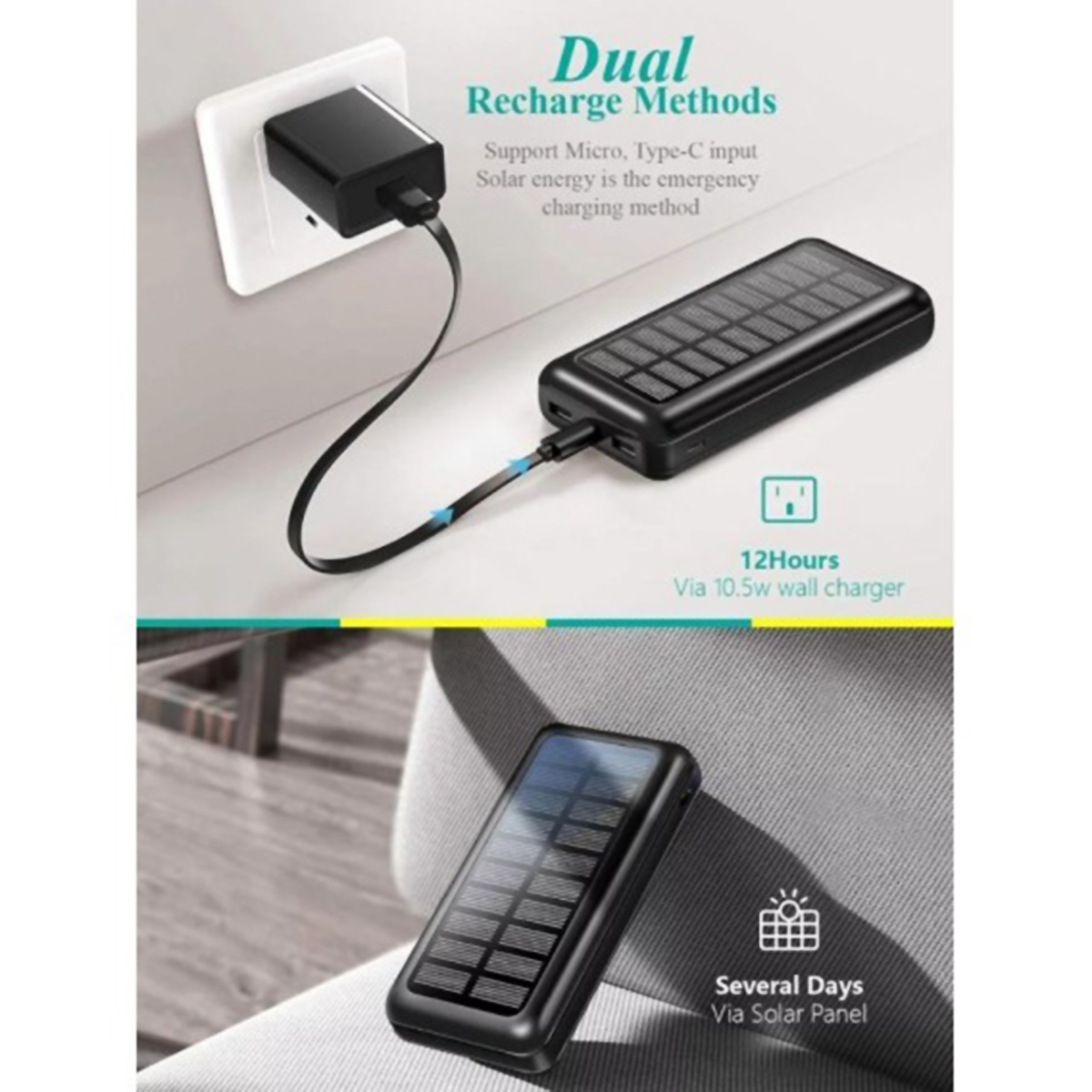 Un banco de energía solar negro con un cable de carga y texto que describe métodos de recarga duales.