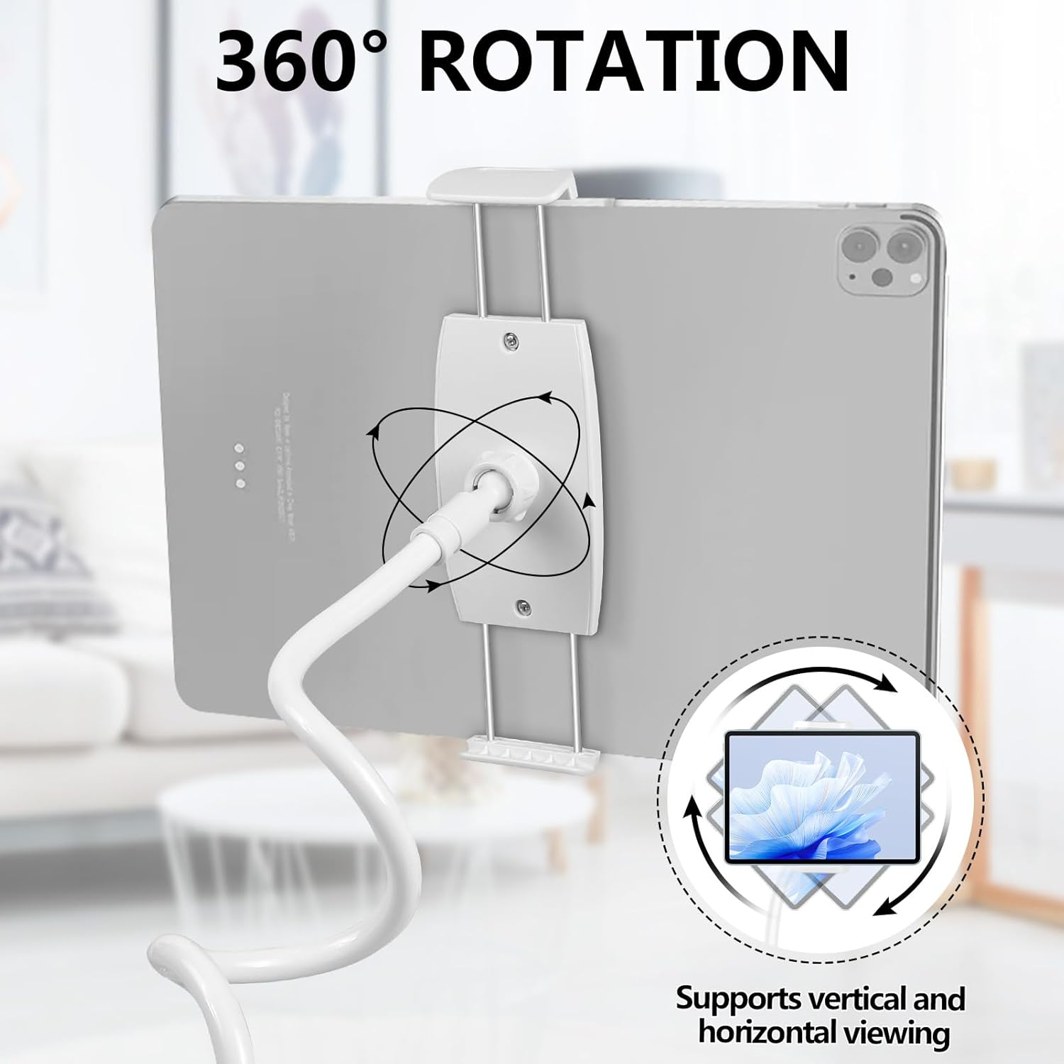 Ein iPad ist auf einem weißen Ständer montiert, der eine vertikale und horizontale Betrachtung ermöglicht. Der Ständer dreht sich um 360 Grad.