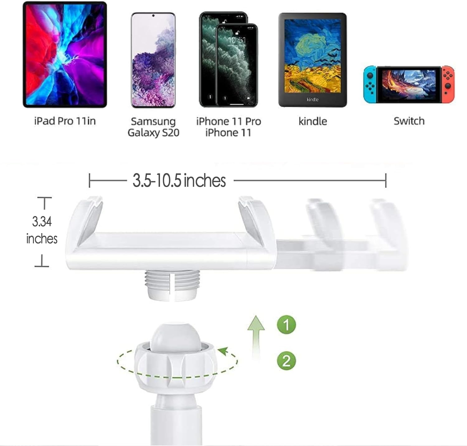 Ein Gerätehalter für Telefone und Tablets. Zeigt verschiedene Geräte wie iPad, Samsung, Kindle und Switch.
