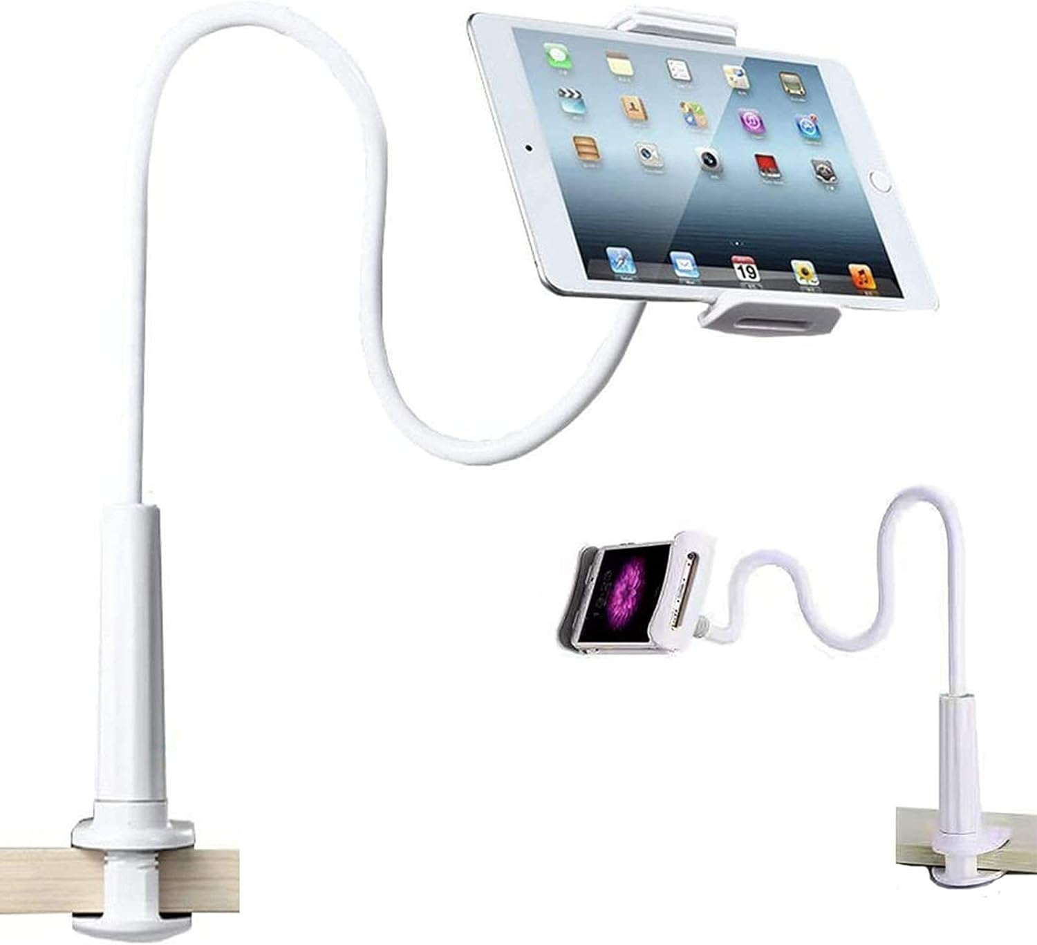Weißer Tablet- und Telefonhalter. Beide Geräte sind in Gebrauch.