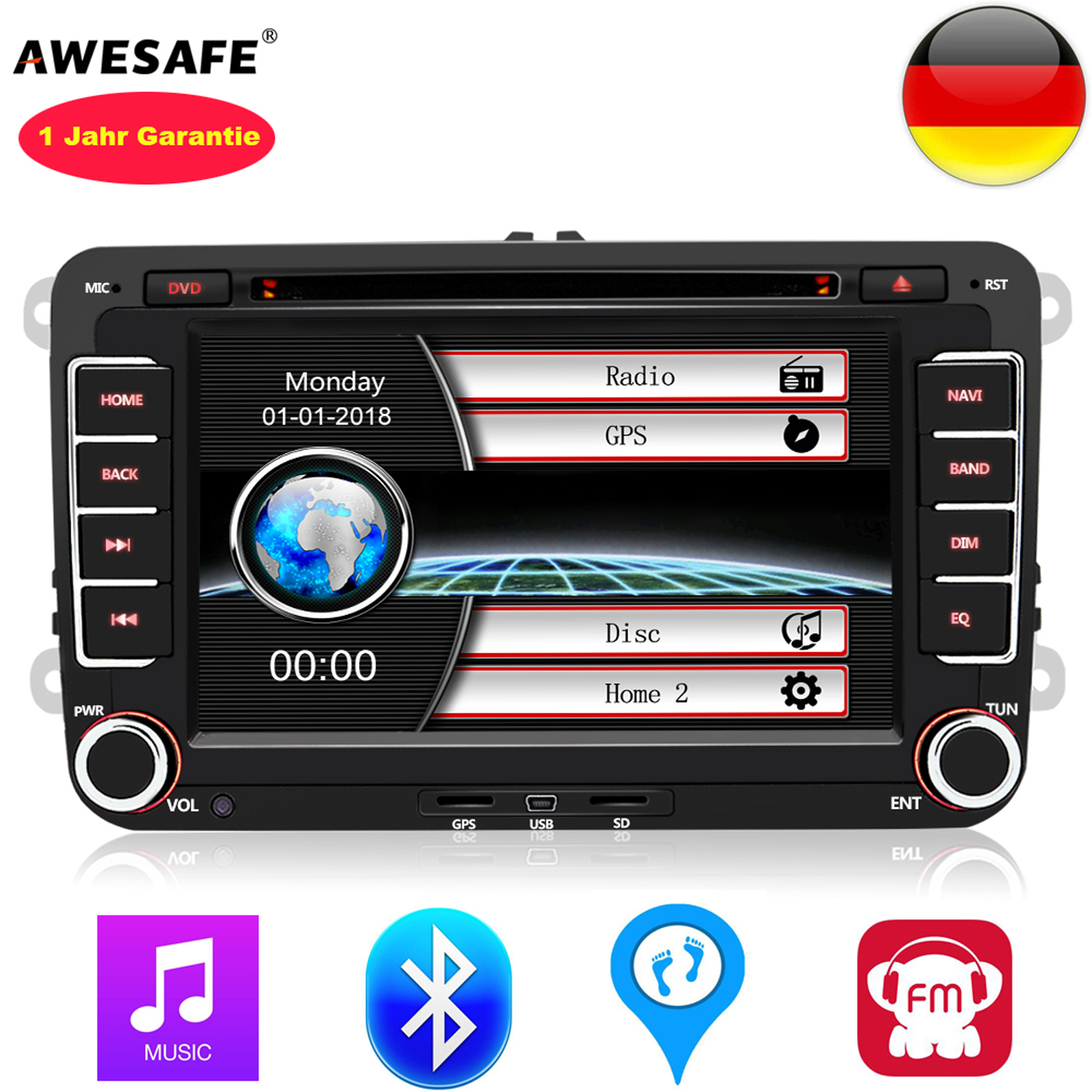 Autoradio mit Bildschirm, der Zeit, Radio- und Navigationsoptionen anzeigt.