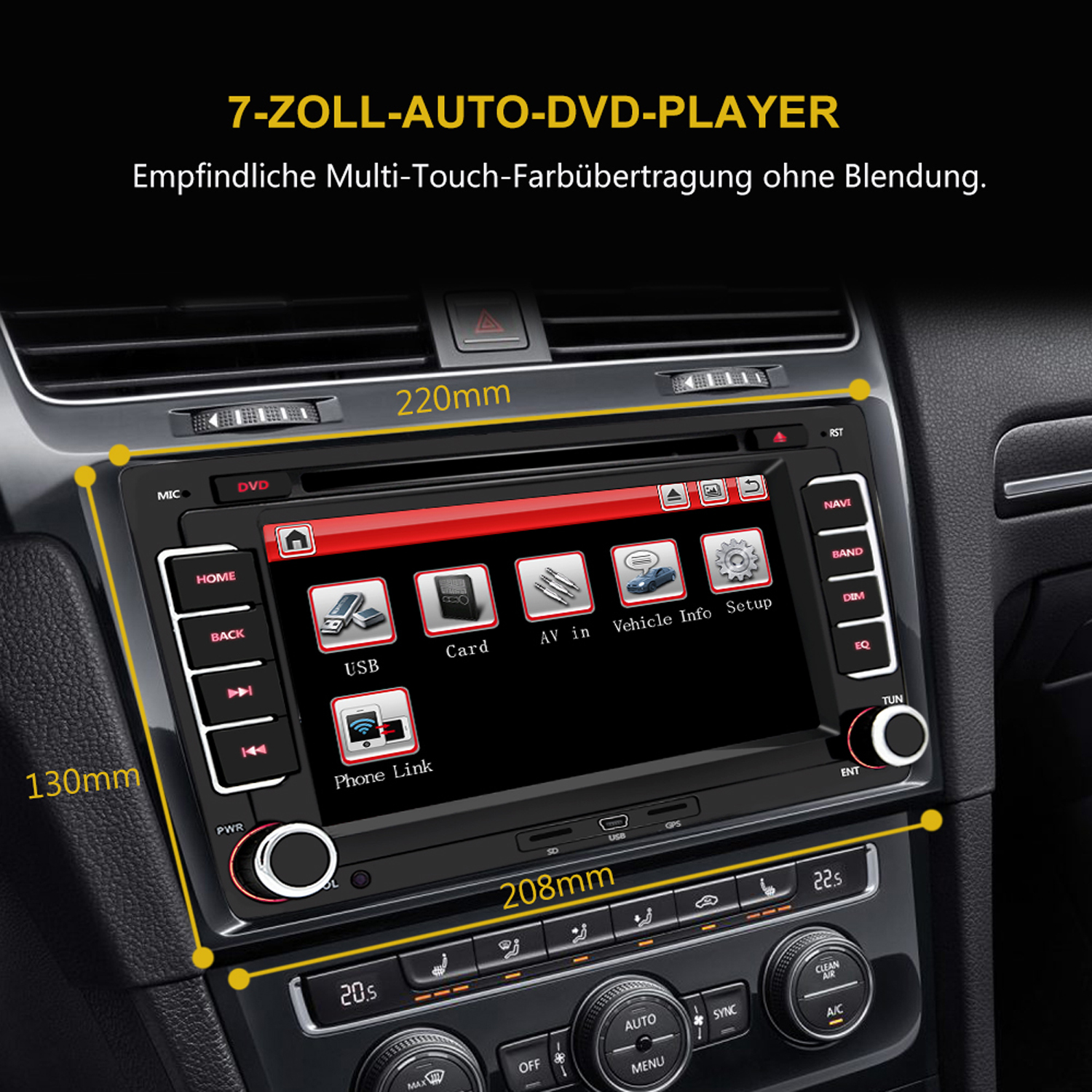 Autoradio-Bildschirm mit mehreren Symbolen. Abmessungen und Text sind auf dem Bildschirm sichtbar.