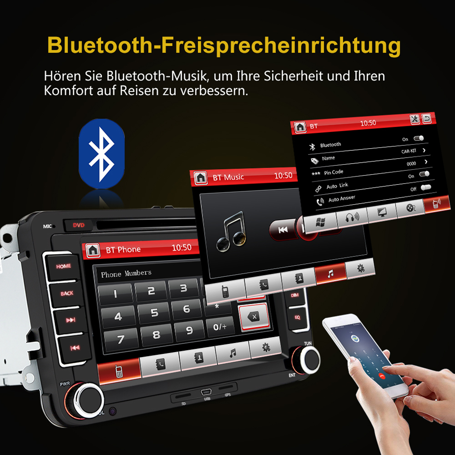 Autoradio mit Bluetooth-, Telefon- und Musik-Schnittstelle.
